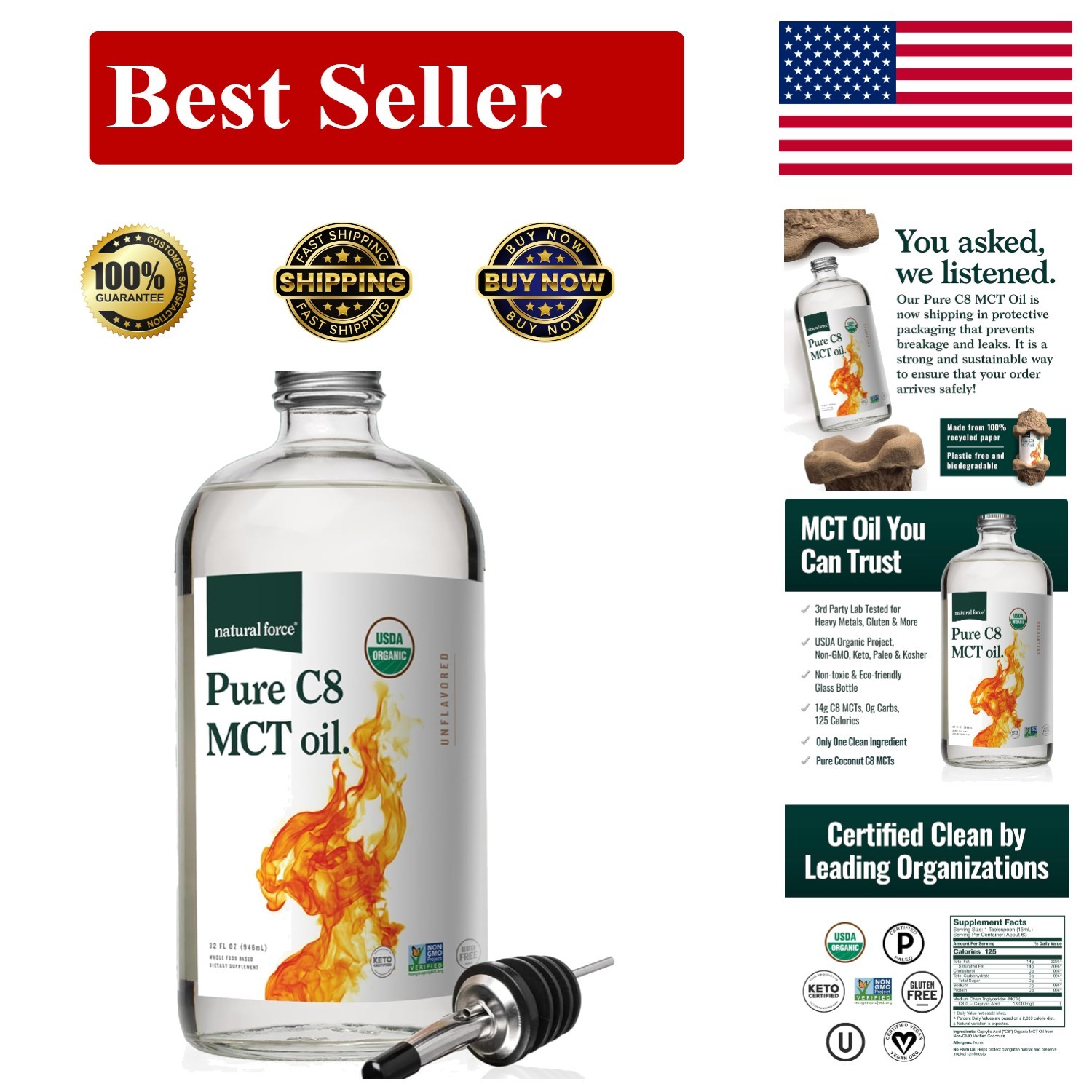 Natural Force Organic Pure C8 MCT Oil – Liquid 16 Fl Oz (Pack of 1)