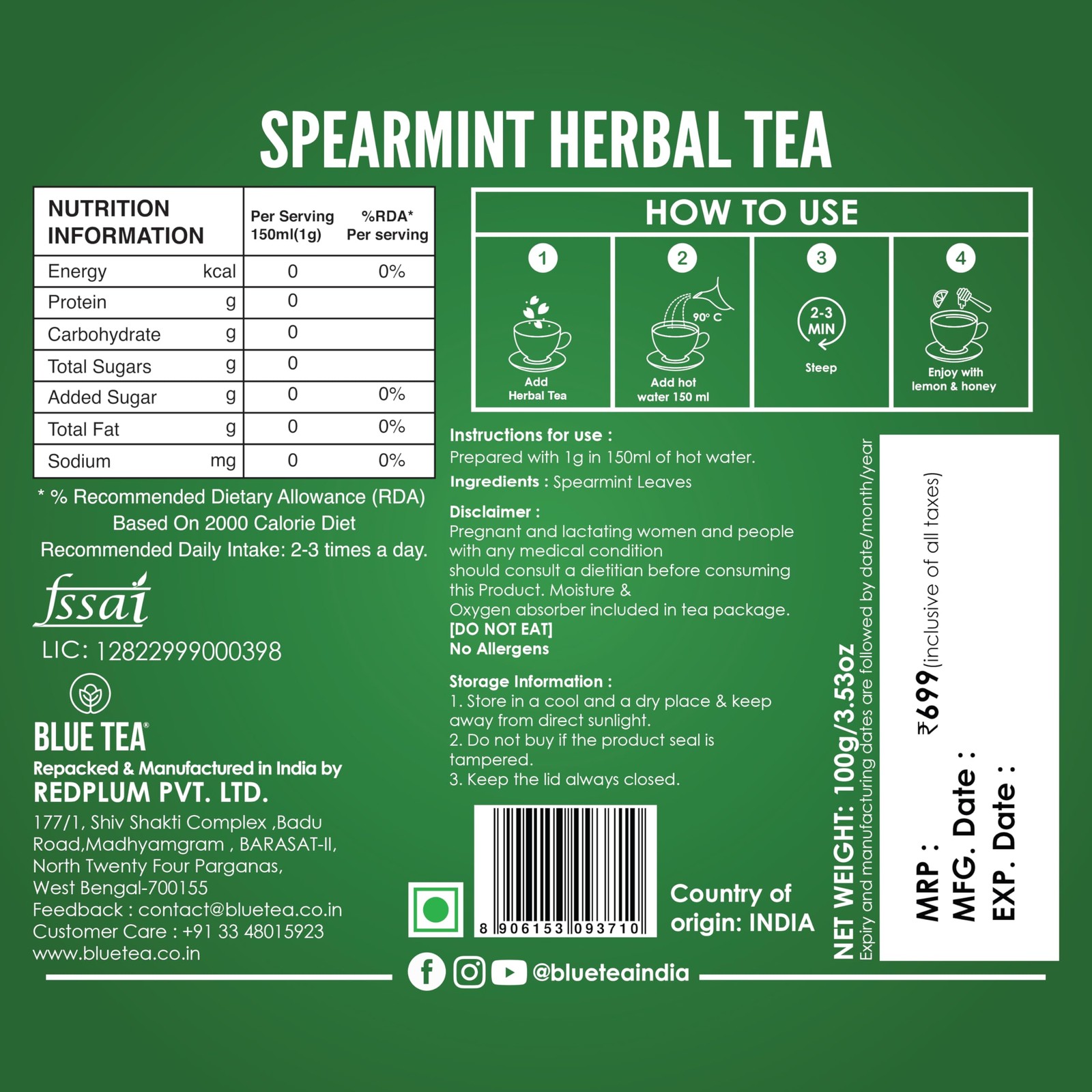 Blue Tea Spearmint Loose Leaf Tea 100g | PCOS Digestion Support