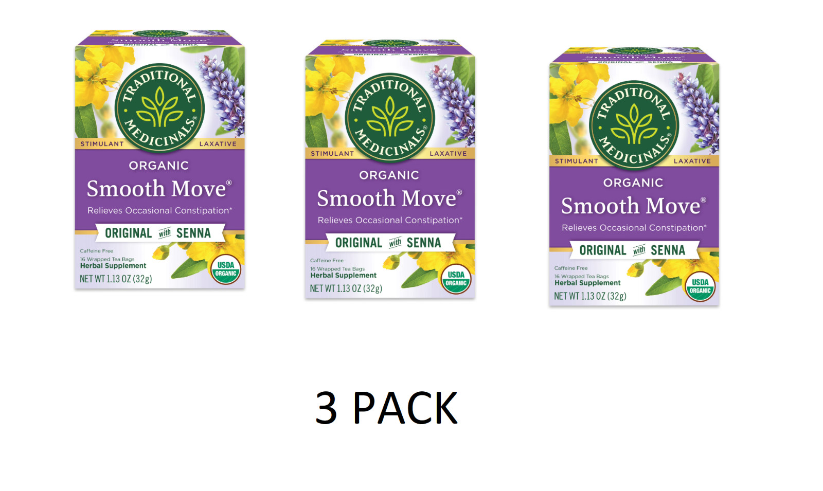 3 PACK Traditional Medicinals Tea, Organic Smooth Move Peppermint, Senna, 16Bags