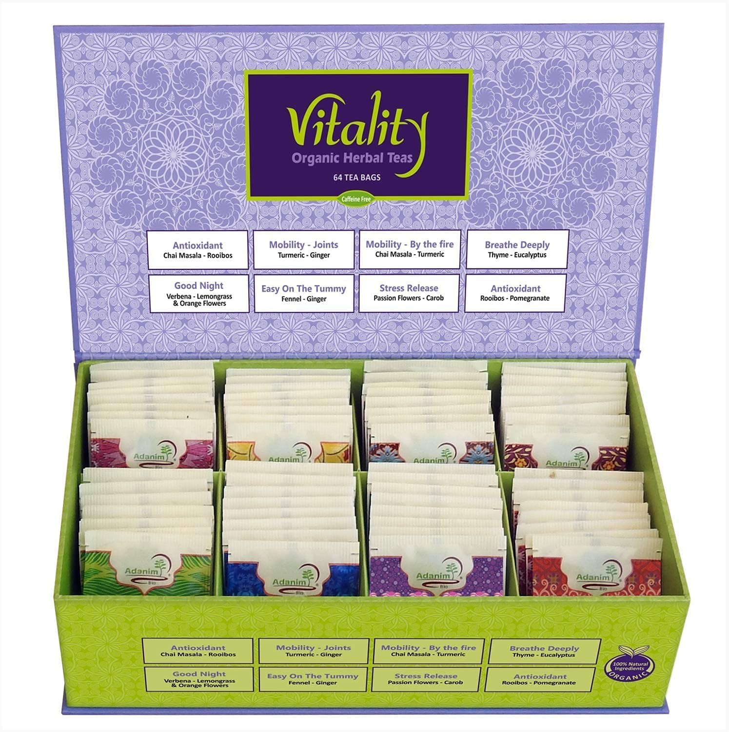 Vitality Organic Herbal Tea Sampler Gift Box Caffeine Free 8 Unique Flavors f…