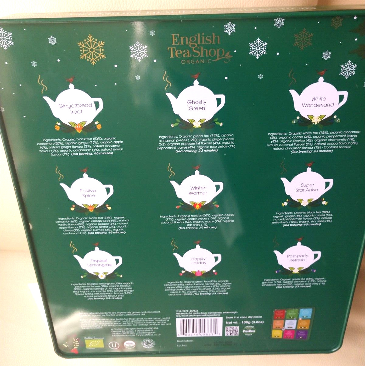 English Tea Shop Green Tin 72 Tea Bags Sachets 9 Organic Blends Premium Gift