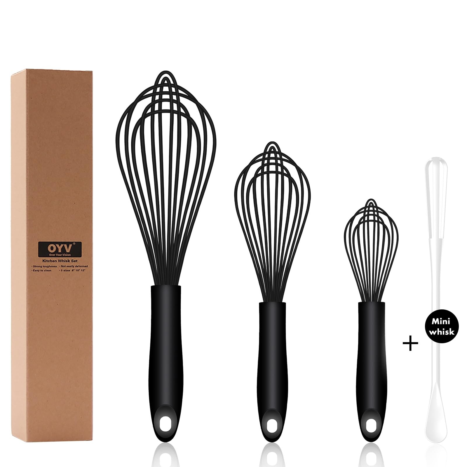 OYV Dishwasher Safe Silicone Whisk, Sealed 3×12in, Premium(Black Pack)