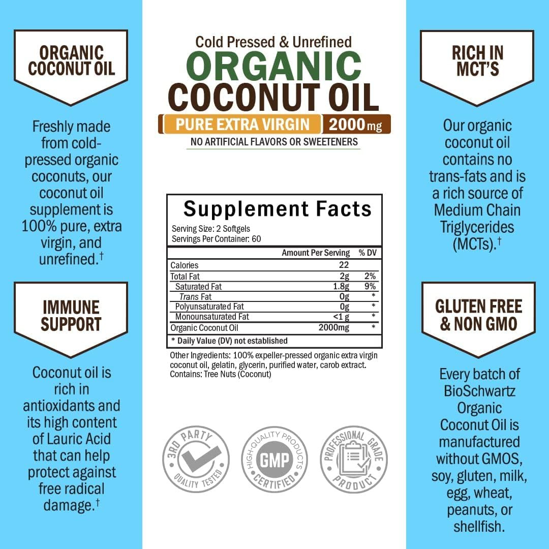 Coconut Oil Capsules 2000mg – Organic Pure Extra Virgin 120 Count (Pack of 1)