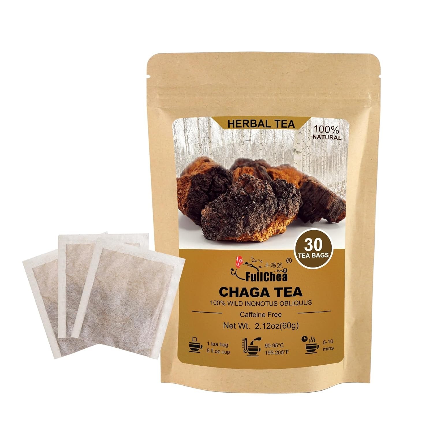 Chaga Mushroom Tea Bags, 30 Count – Rich in Antioxidants & Conveniently Packaged