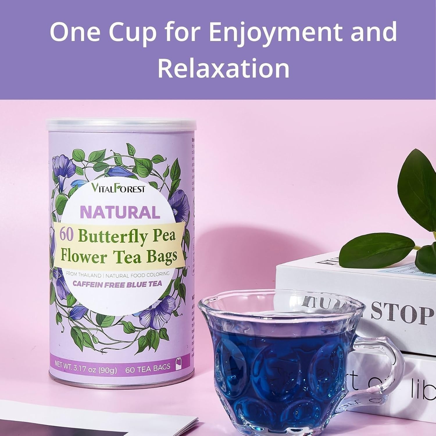 60 Dried Butterfly Pea Flower Tea Bags, VitalForest Butterfly Blue Pea Flower Te
