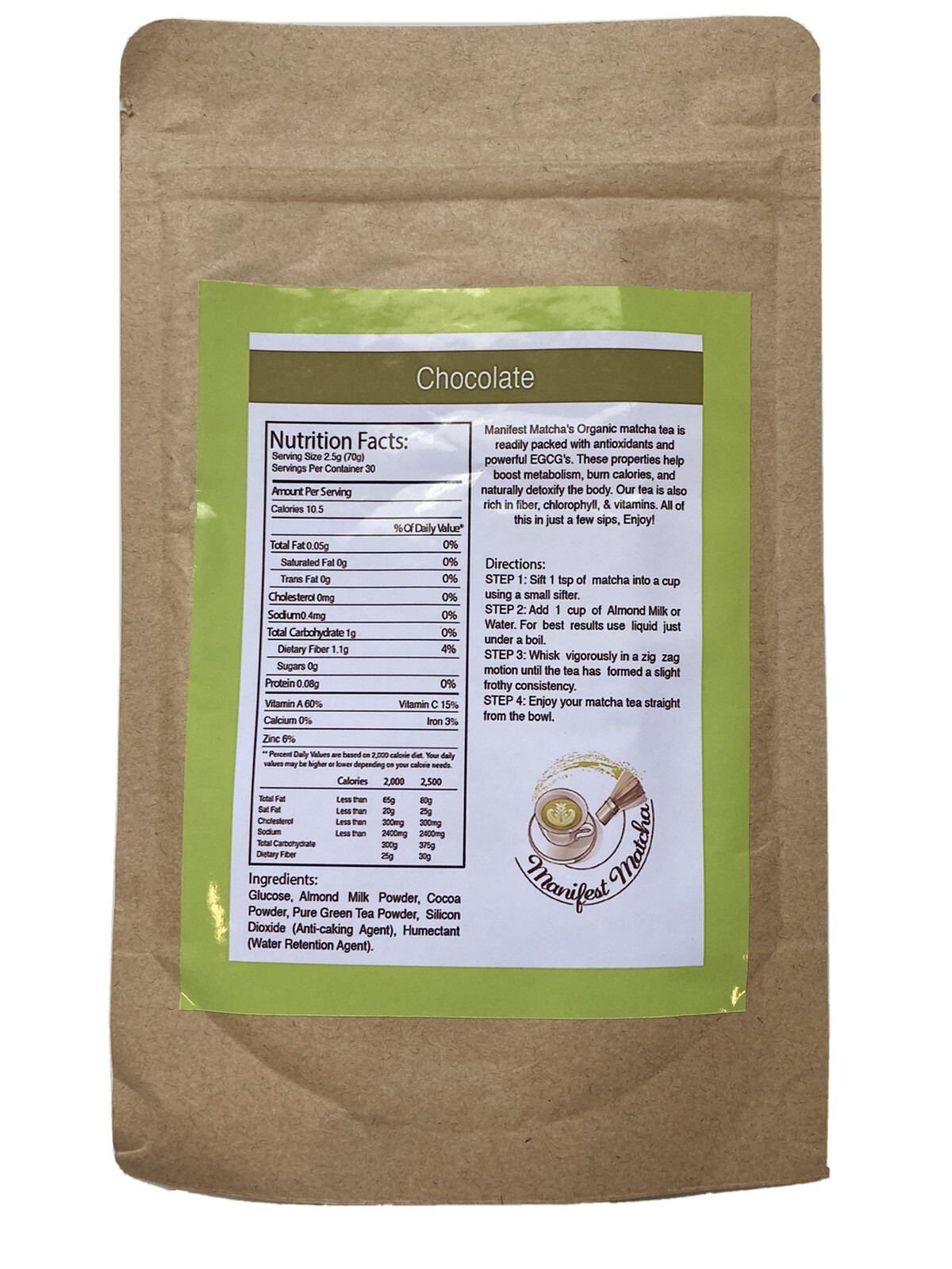 Manifest Matcha Chocolate Flavored Organic Green Tea Matcha Powder 70g Pouch