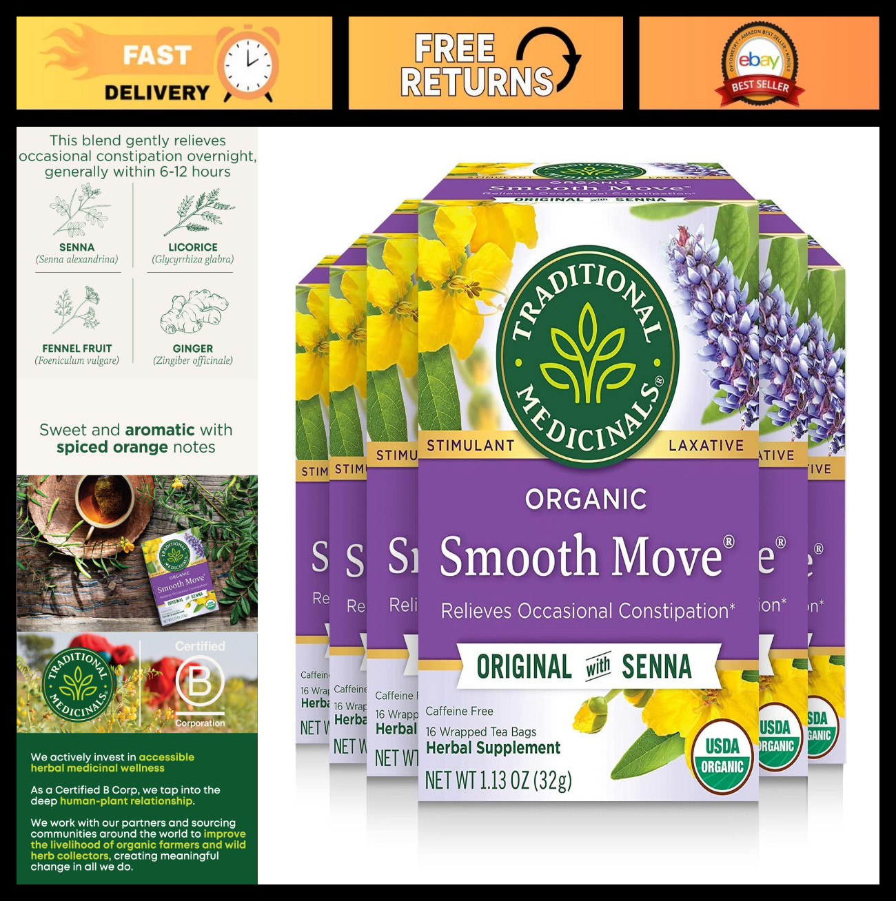 Organic Smooth Move Tea – 96 Bags, Senna for Occasional Constipation Relief