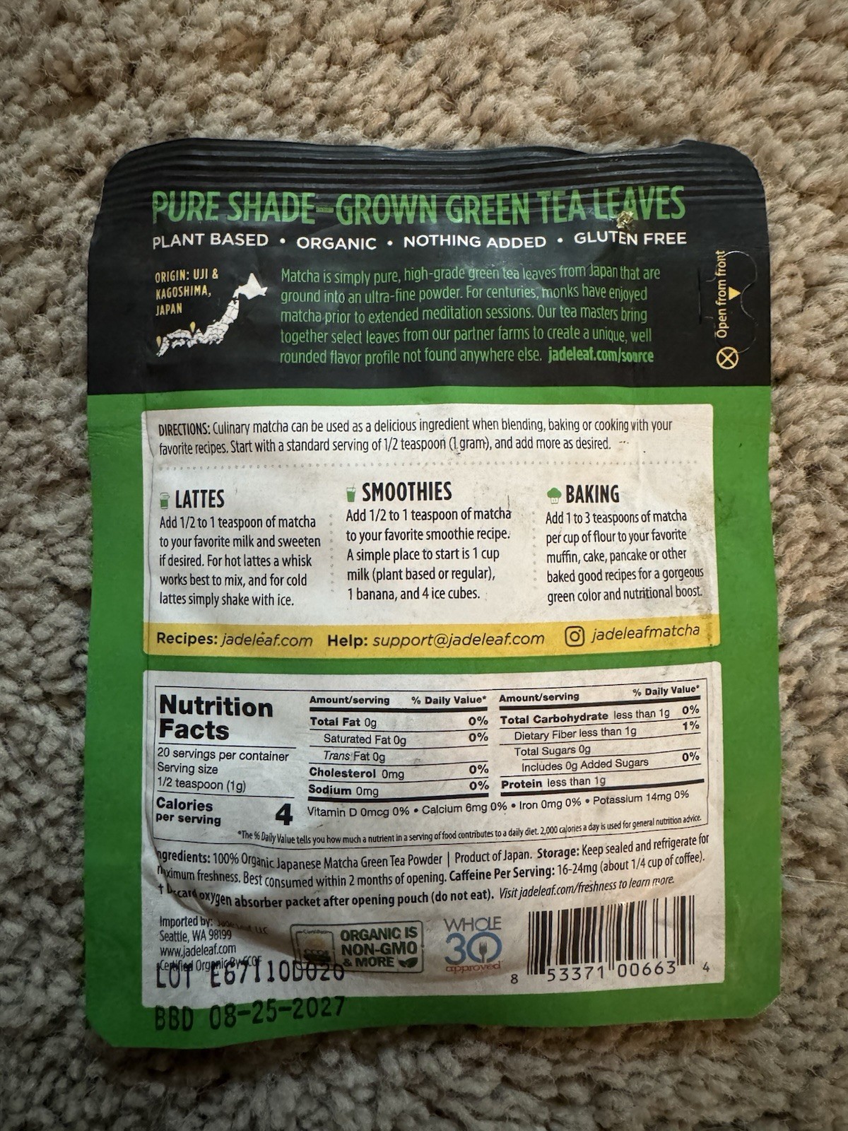 Jade Leaf Organic Japanese Culinary Grade Matcha Ground Tea Powder 0.71oz 2 Pack