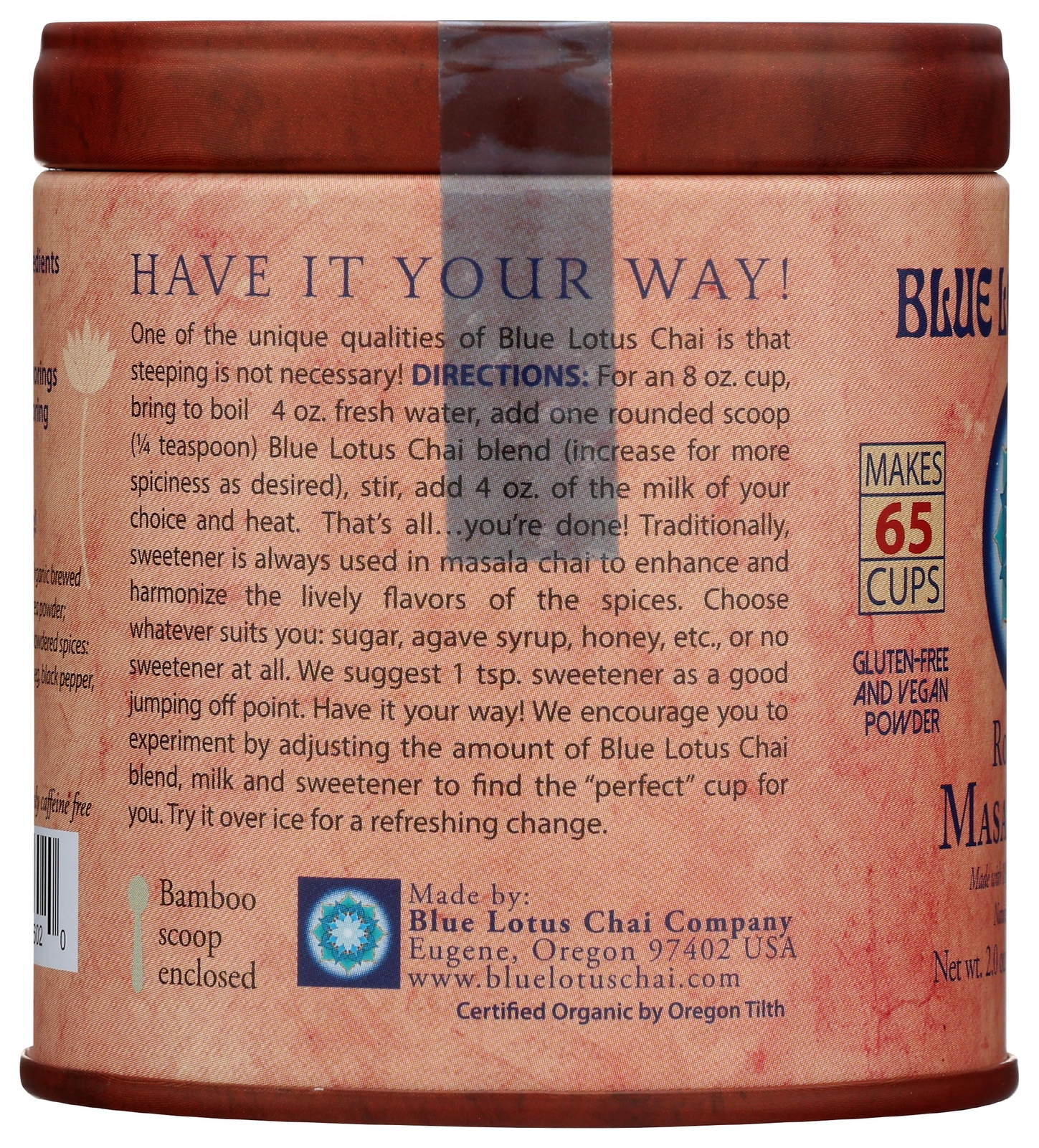 Sugar Free Spiced Chai Instant Powder 2 Ounce Makes 65 Cups Organic Vegan Glu…