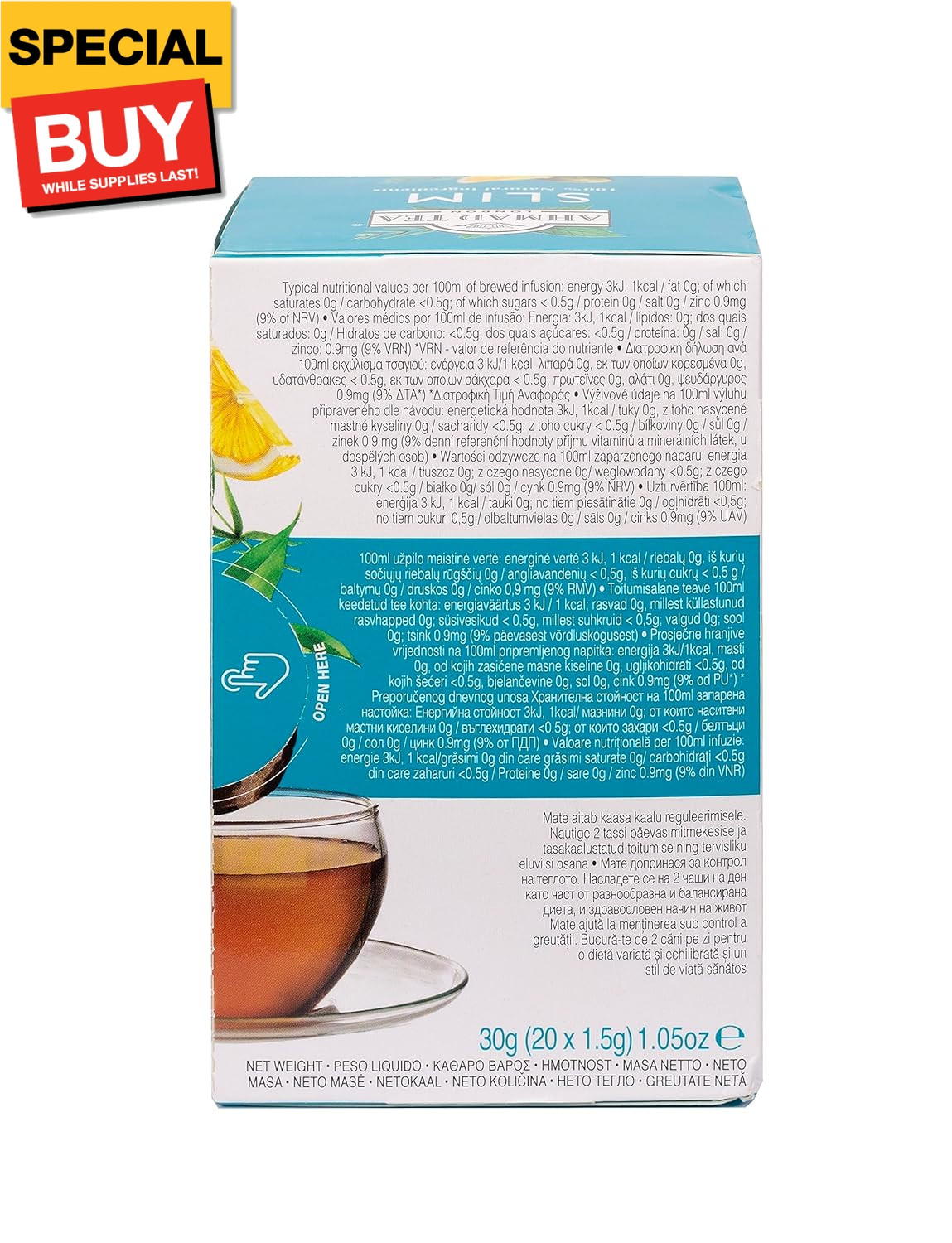 Green Tea, Lemon, Mate, & Matcha ‘Slim’ Natural Benefits Teabags, 20 ct (Pack of