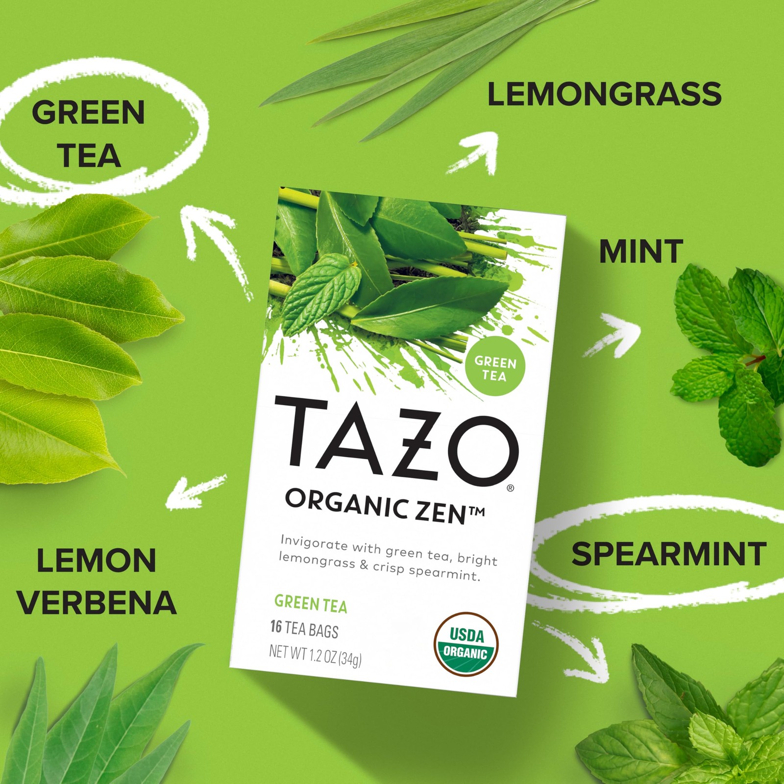 TAZO Organic Zen Green Tea Caffeinated w/ Refreshing Lemongrass & Spearmint 16ct