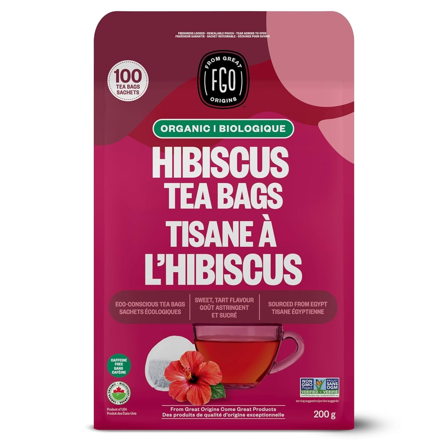 Organic Hibiscus Tea, 100 Count, Eco-Conscious Tea Bags, Caffeine Free, Packa…