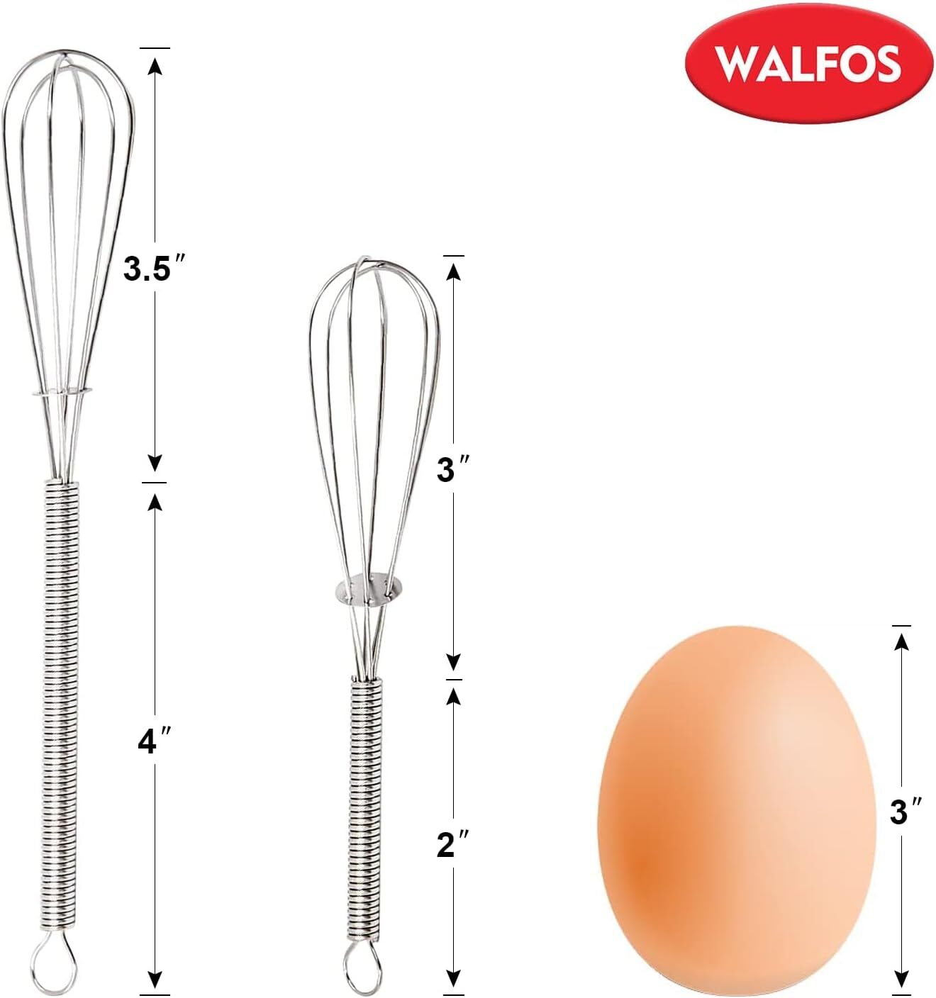 Walfos Mini Whisks Stainless Steel, Small 2pcs Mini;Stainless Steel;5″+7″