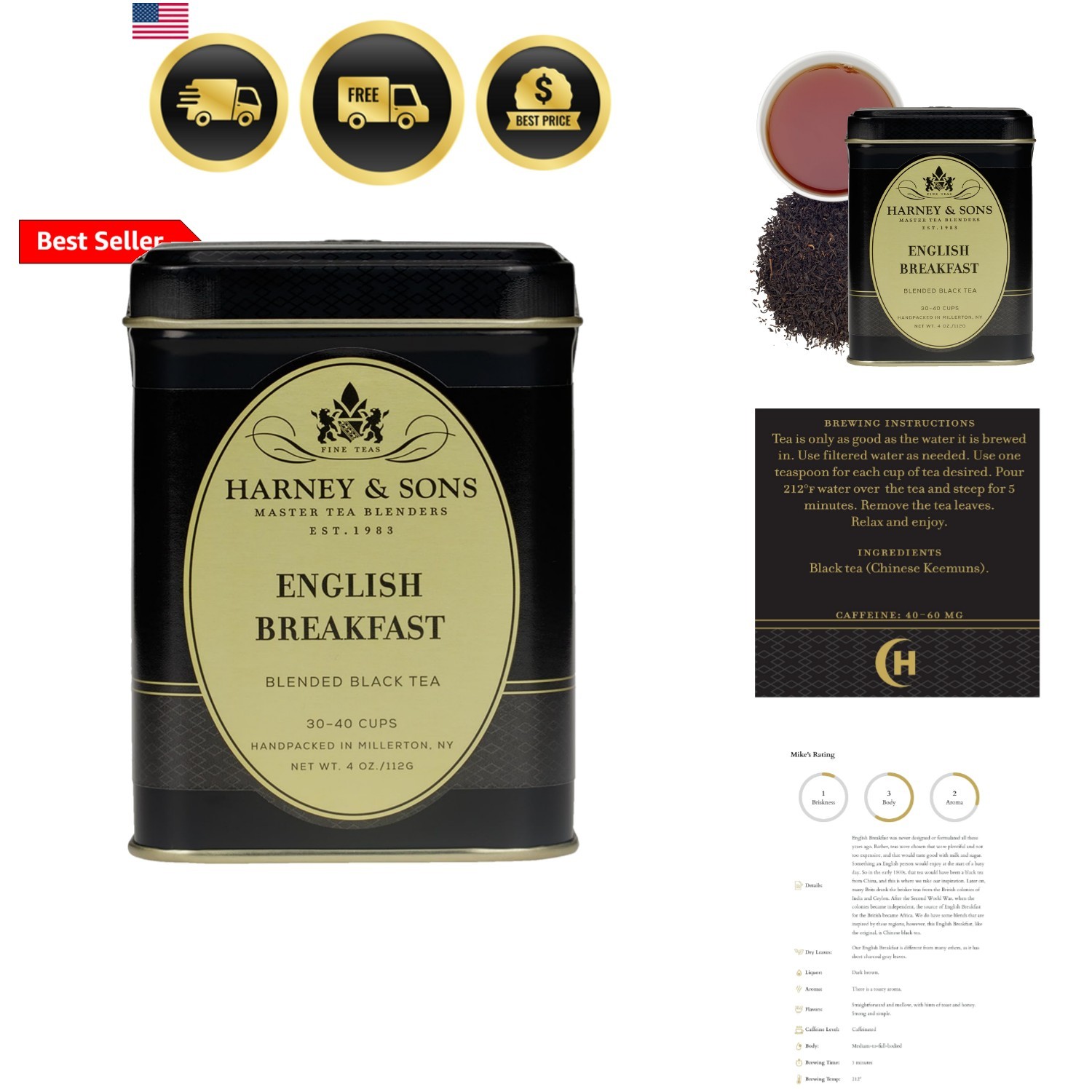 English Breakfast Loose Leaf Black Tea, 4 oz Tin, China Keemun, Bold Full-Bod…