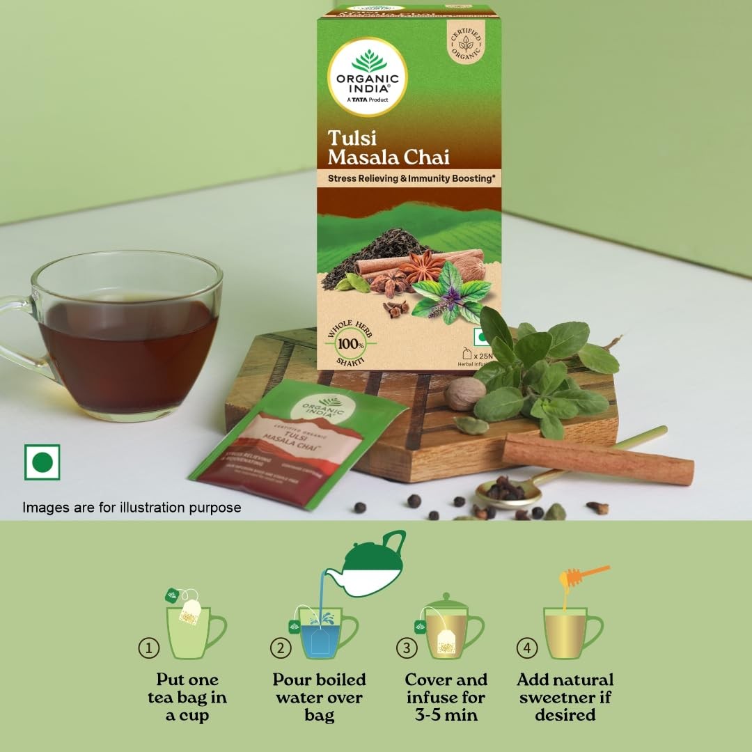 Organic India Tulsi Masala Chai, 25 Tea Bags | Refreshing And Relaxing