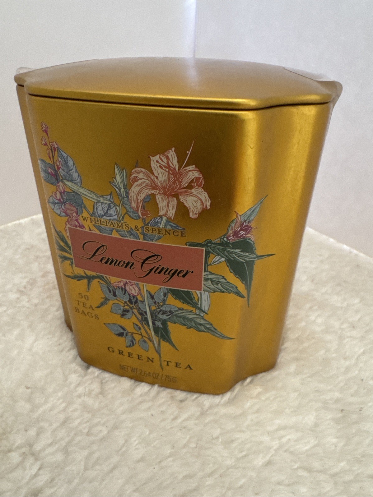 LEMON GINGER GREEN TEA 50BAGS IN BEAUTIFUL Gold Floral TIN WILLIAMS & SPENCE