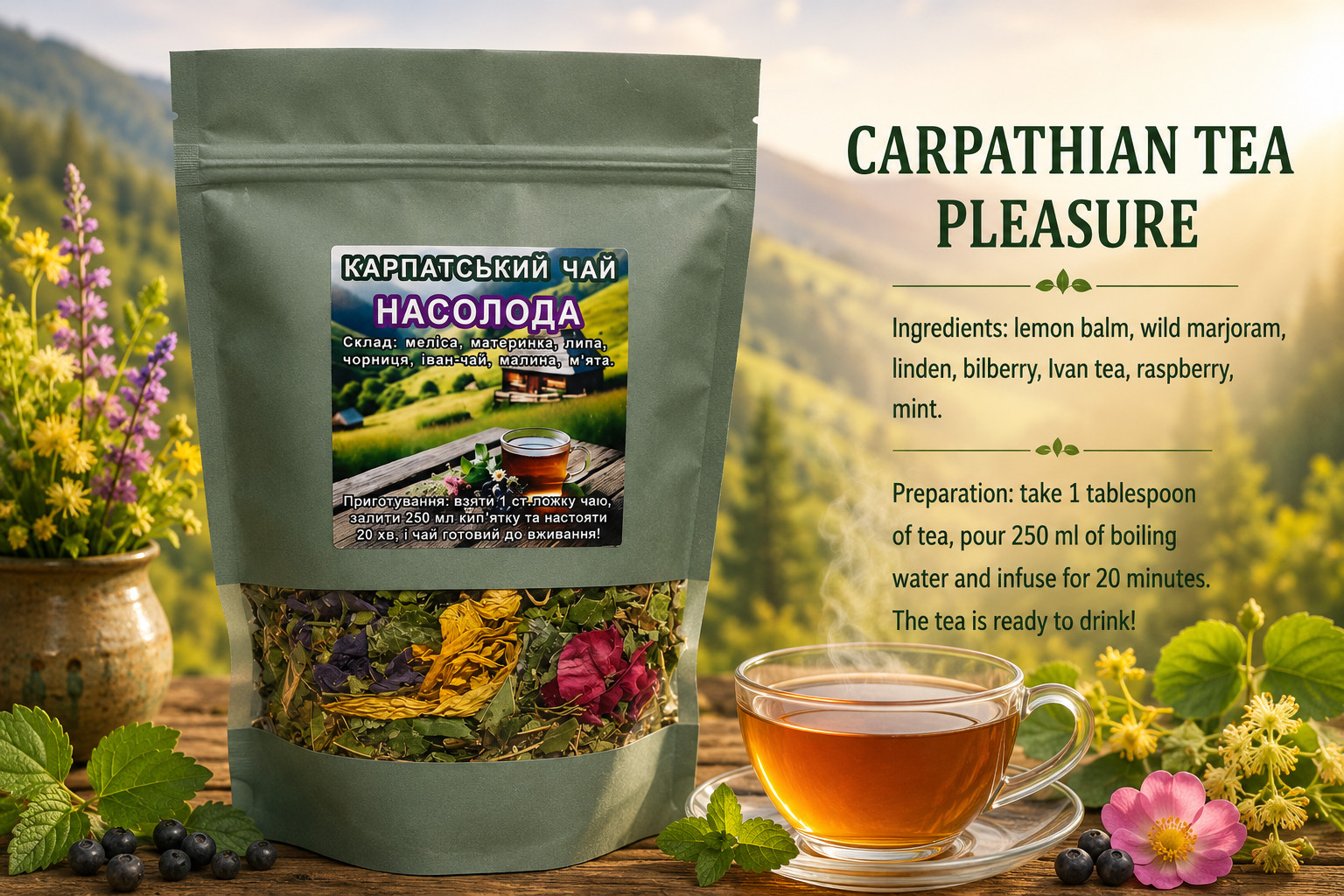 Carpathian Pleasure Herbal Tea 120g Ivan Tea Mint Raspberry Blend