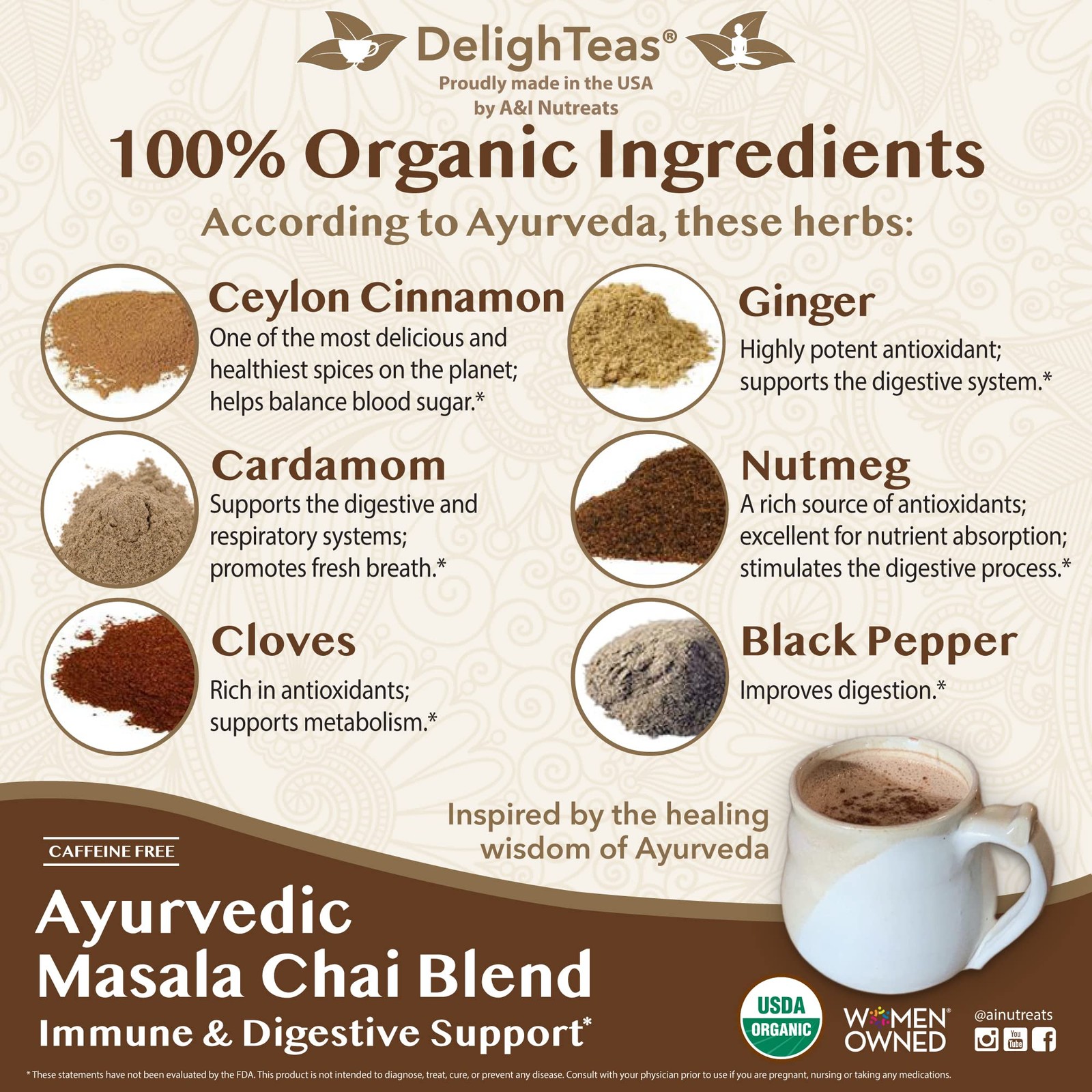 DelighTeas Organic Masala Chai Powder, Caffeine-Free, 100 Servings, 4oz