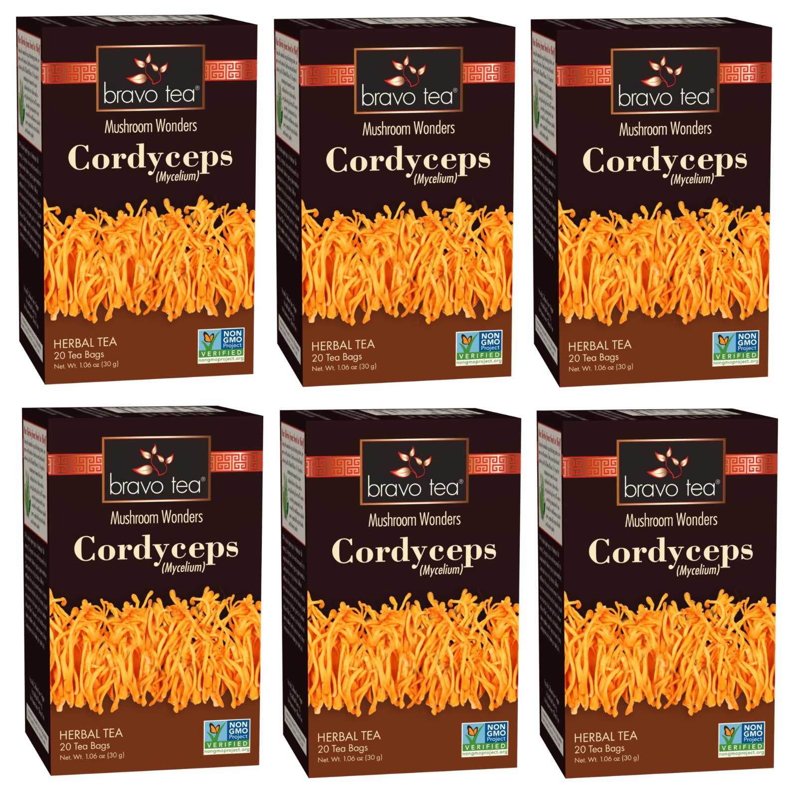 6 PACK Bravo Herbal Tea Mushroom Wonders Cordyceps Mycelium HEALTHYIMMUNE NO GMO
