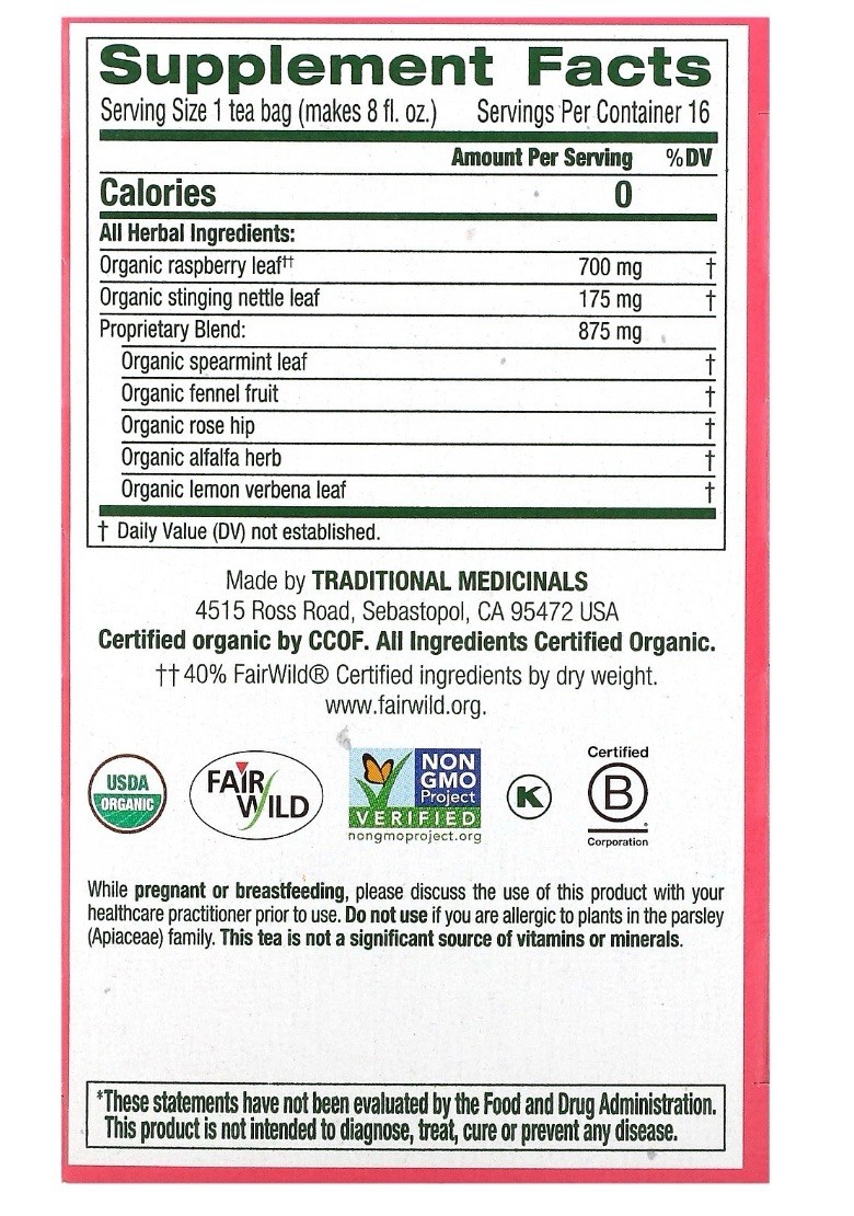 Organic Pregnancy® Tea, Raspberry Leaf, Caffeine Free, 16 Wrapped Tea Bags, 0.99