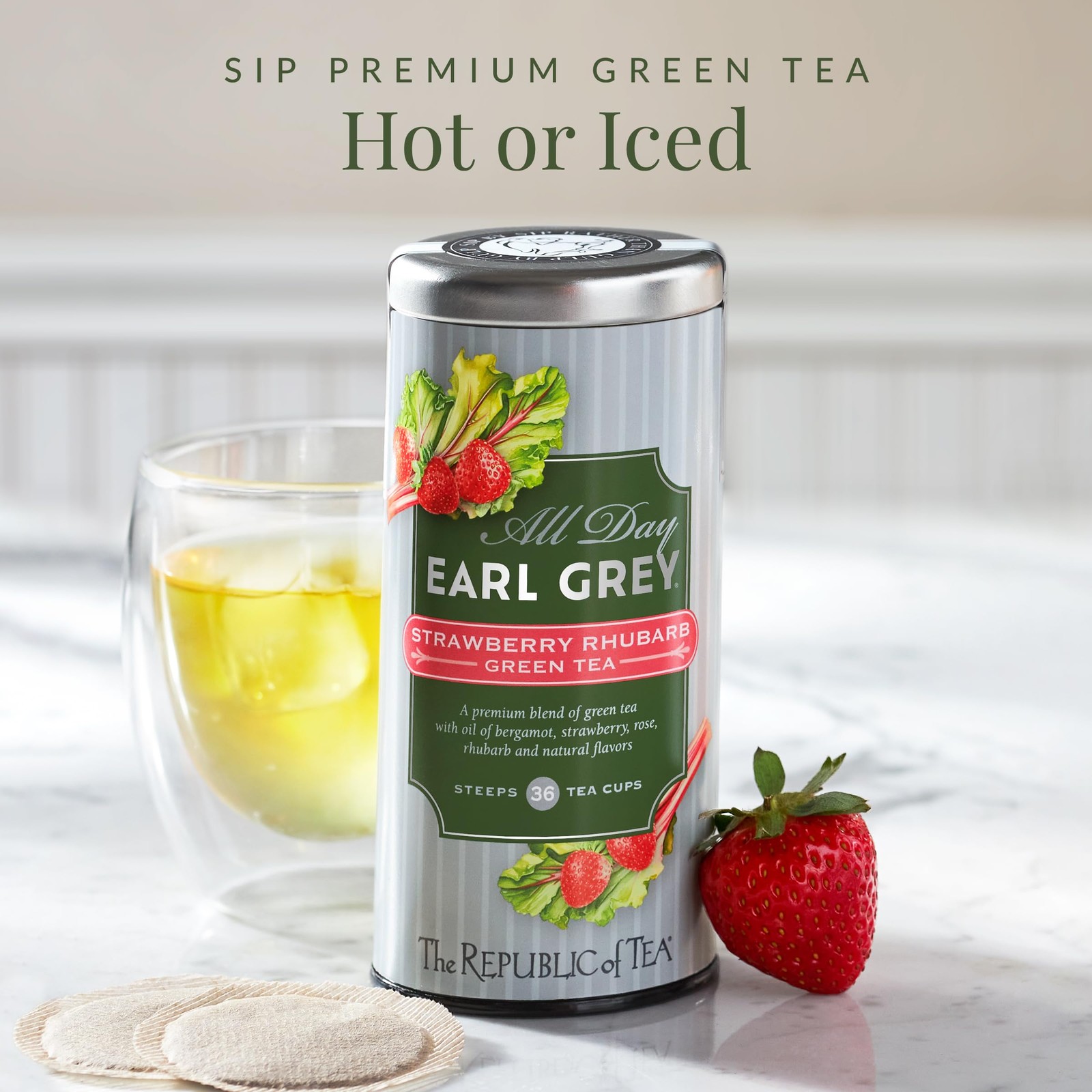 – All Day Earl Grey® Strawberry Rhubarb Green Tea Naturally Caffeinated 36 Te…