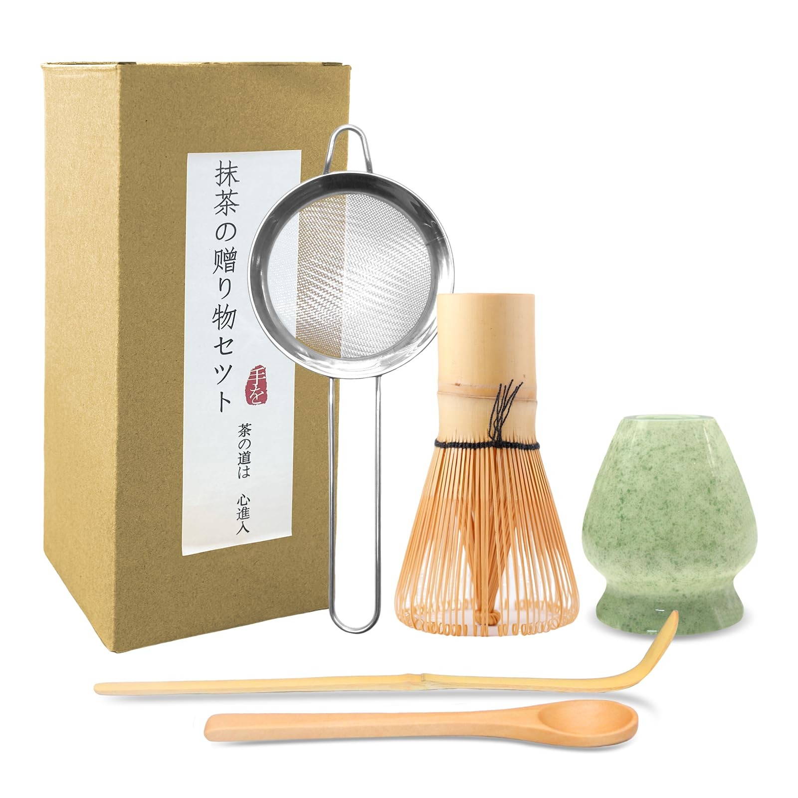 5 Pcs Matcha Whisk Set Green Bowl Chawan Spoon Sifter Kit Ceremony Tea Gift