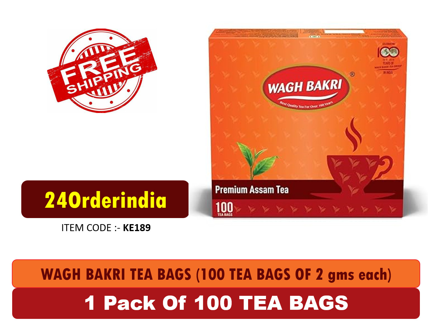 WAGH BAKRI PREMIUM ASSAM 100 TEA BAGS of 2 gms each (Pack of 1) free shipping