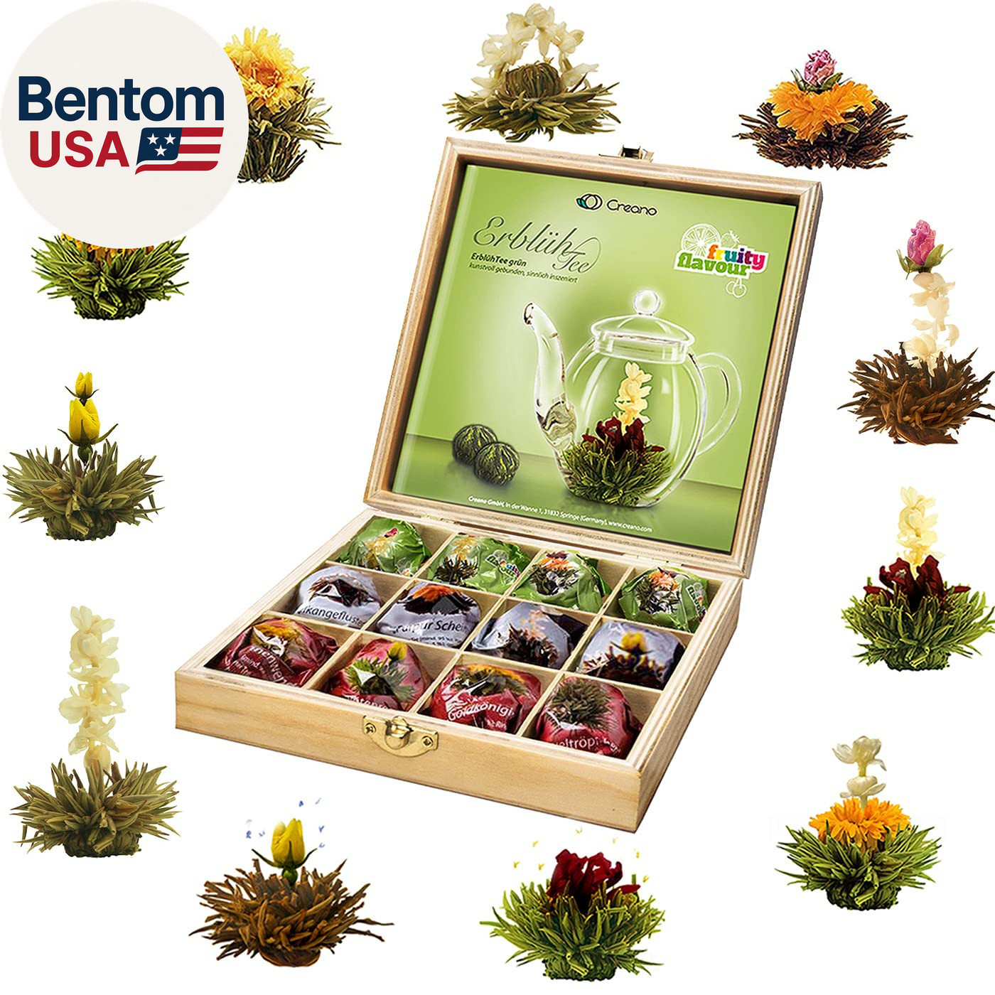 Abloom Tea – Blooming Gift Set in Wooden Box – 12Pcs Green, White & Black Tea