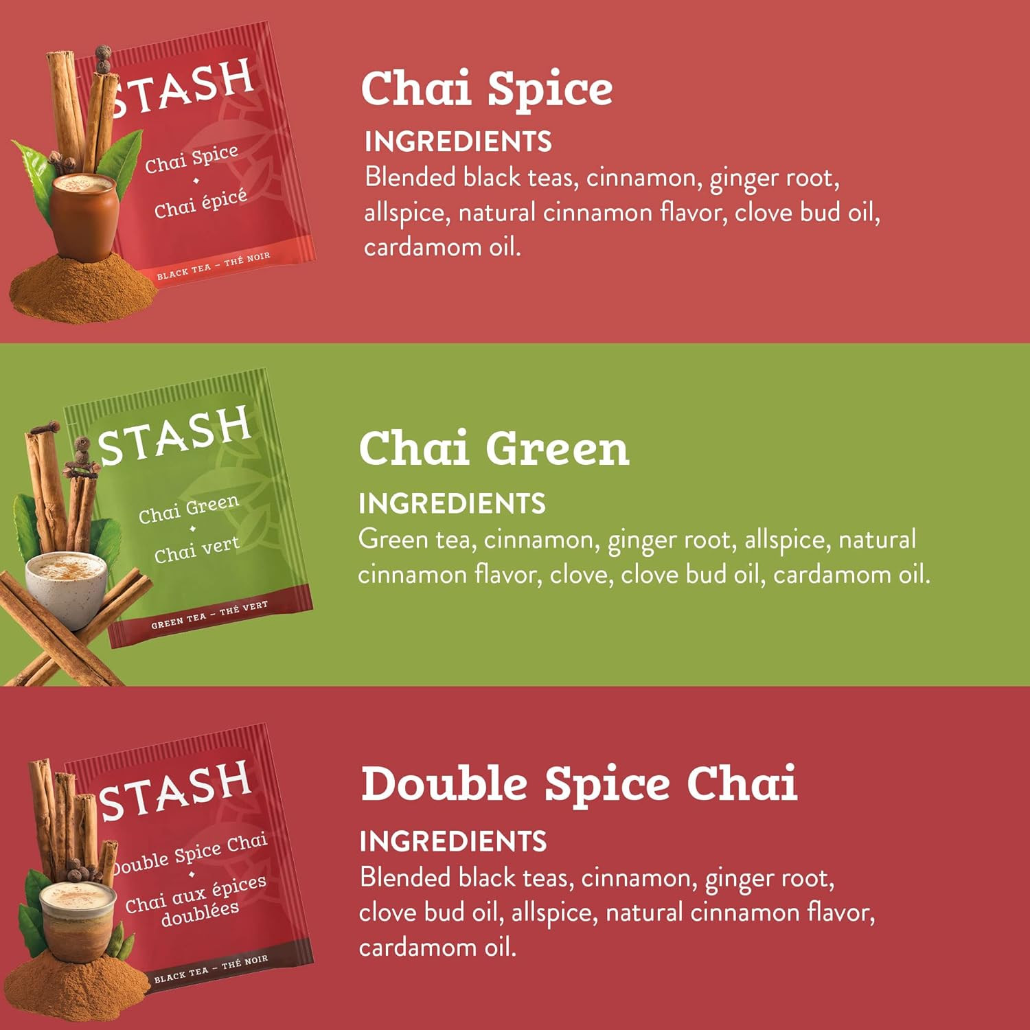 Stash Tea Chai Variety Pack, 18–20 Bags, 6 Pack