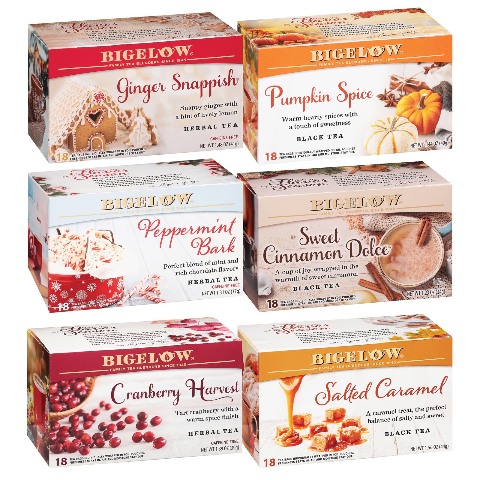 Seasonal Tea Variety Pack 6 Flavors, 108 Bags – Mixed Caffeinated & Caffeine