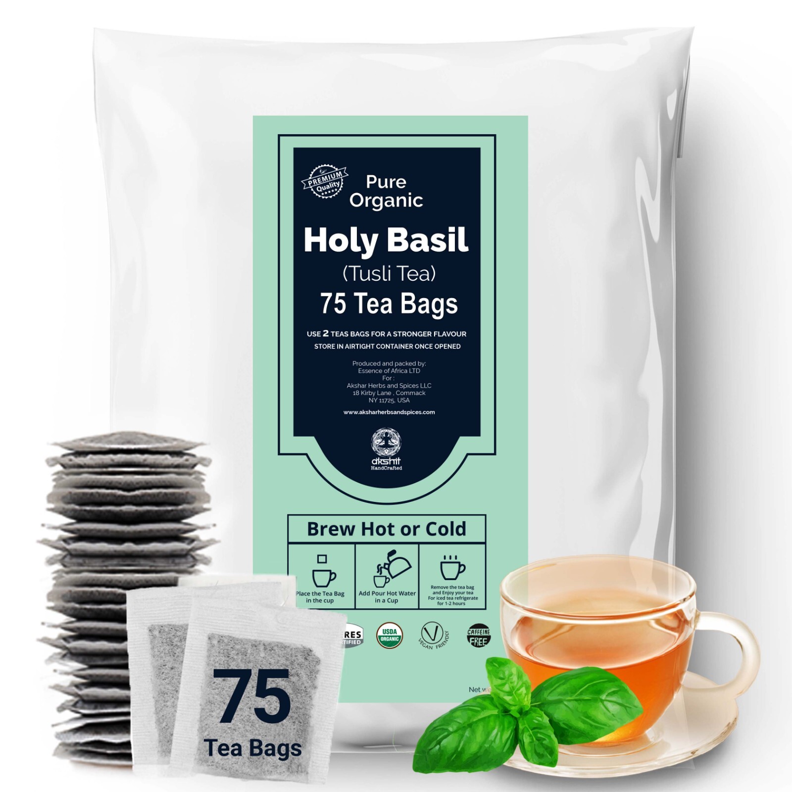 75 Organic Holy Basil Tea Bags, 100% Pure Tulsi Tea, Immune Tea, Herbal Tea