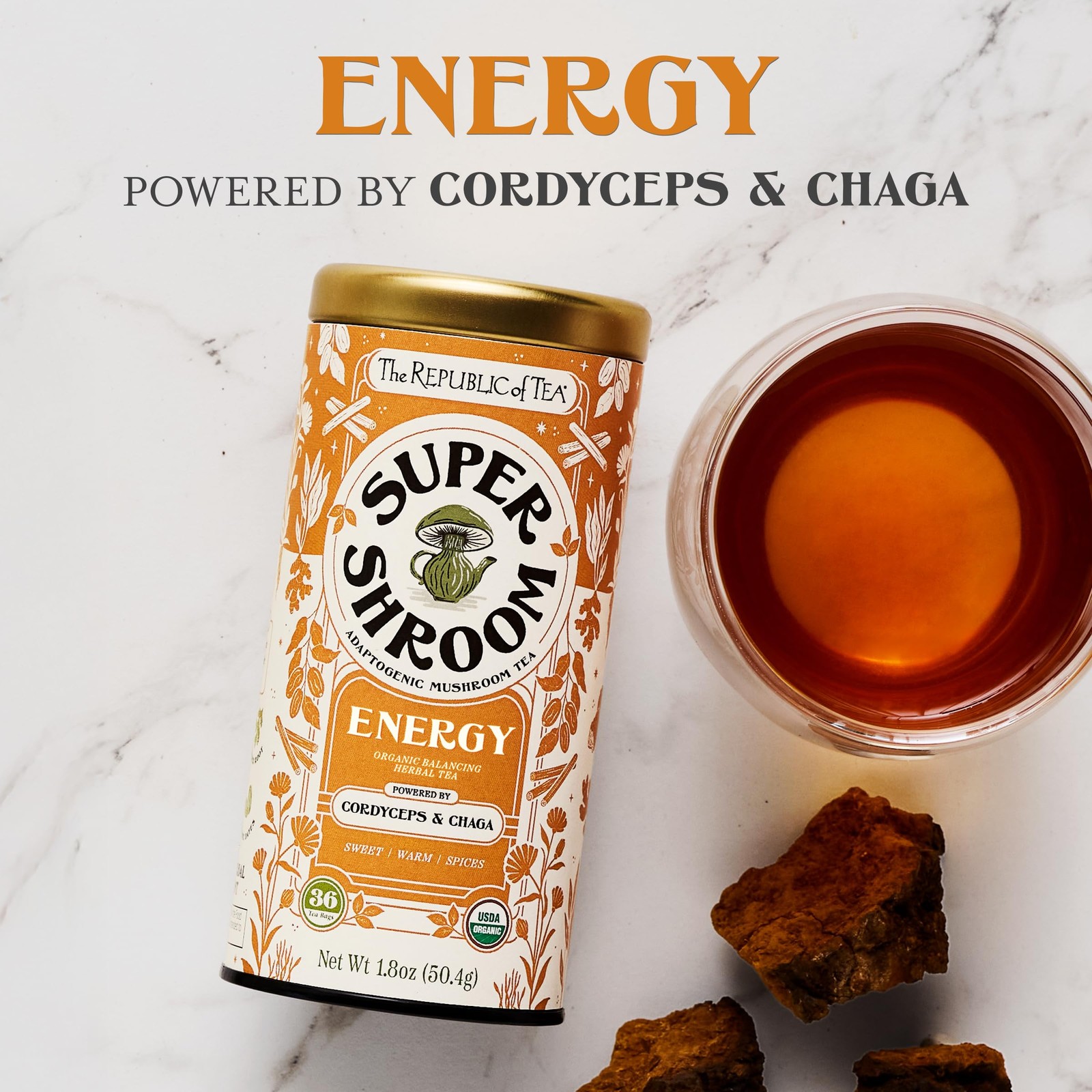 SuperShroom Energy Cordyceps and Chaga Herbal Tea, Organic Cinnamon, Ginger a…