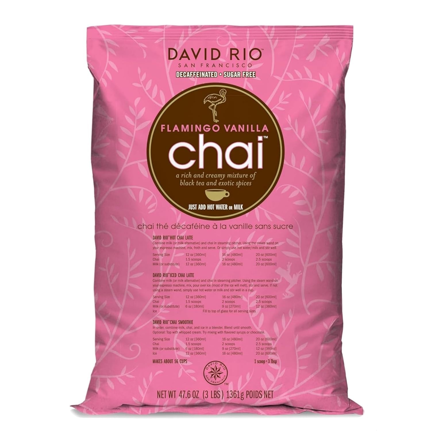 David Rio Chai Mix, Decaf Sugar Free, Flamingo Vanilla, 48 Ounce (Pack of 1)