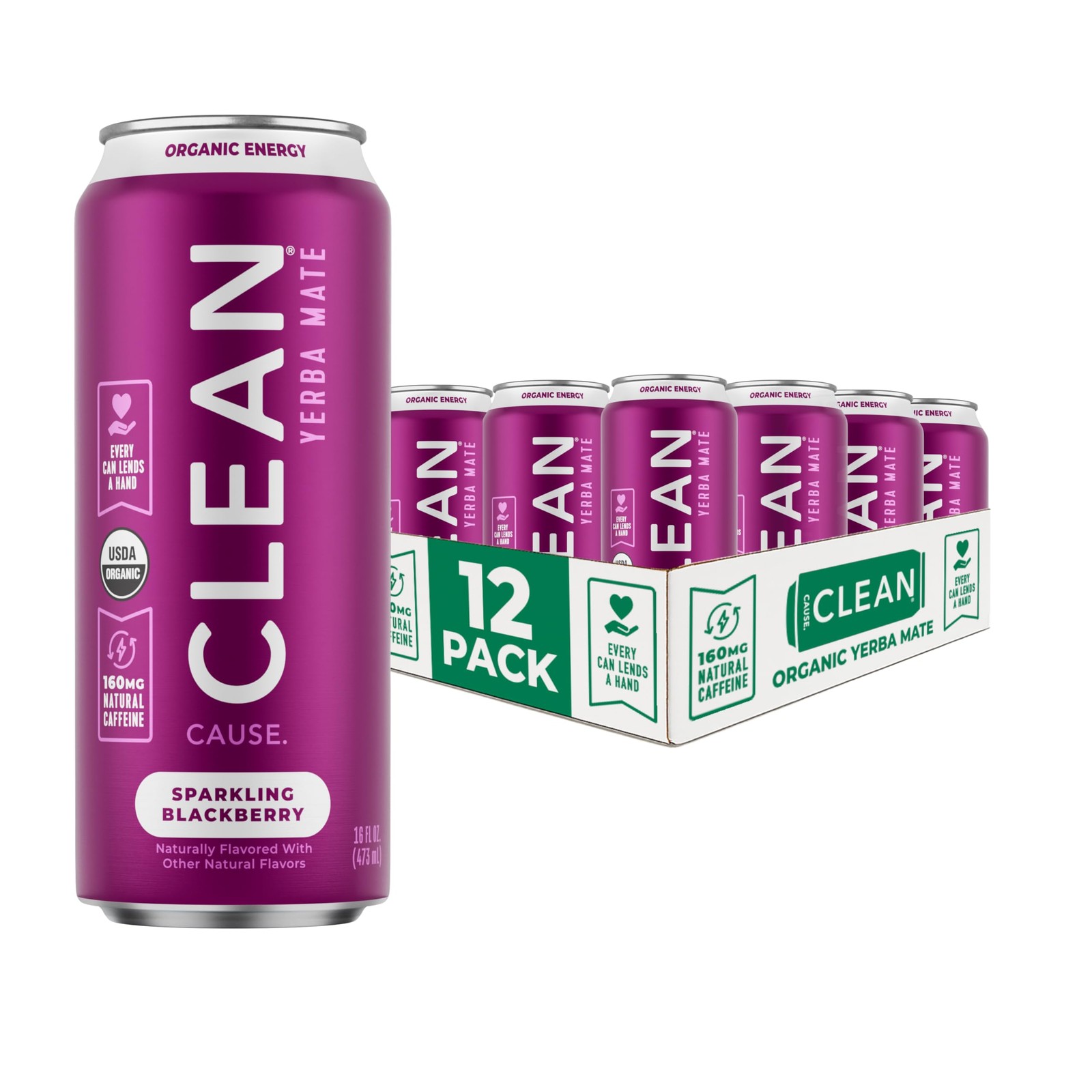 CLEAN Cause Low Calorie Blackberry Yerba Mate Tea Sparkling, USDA Organic Ene…