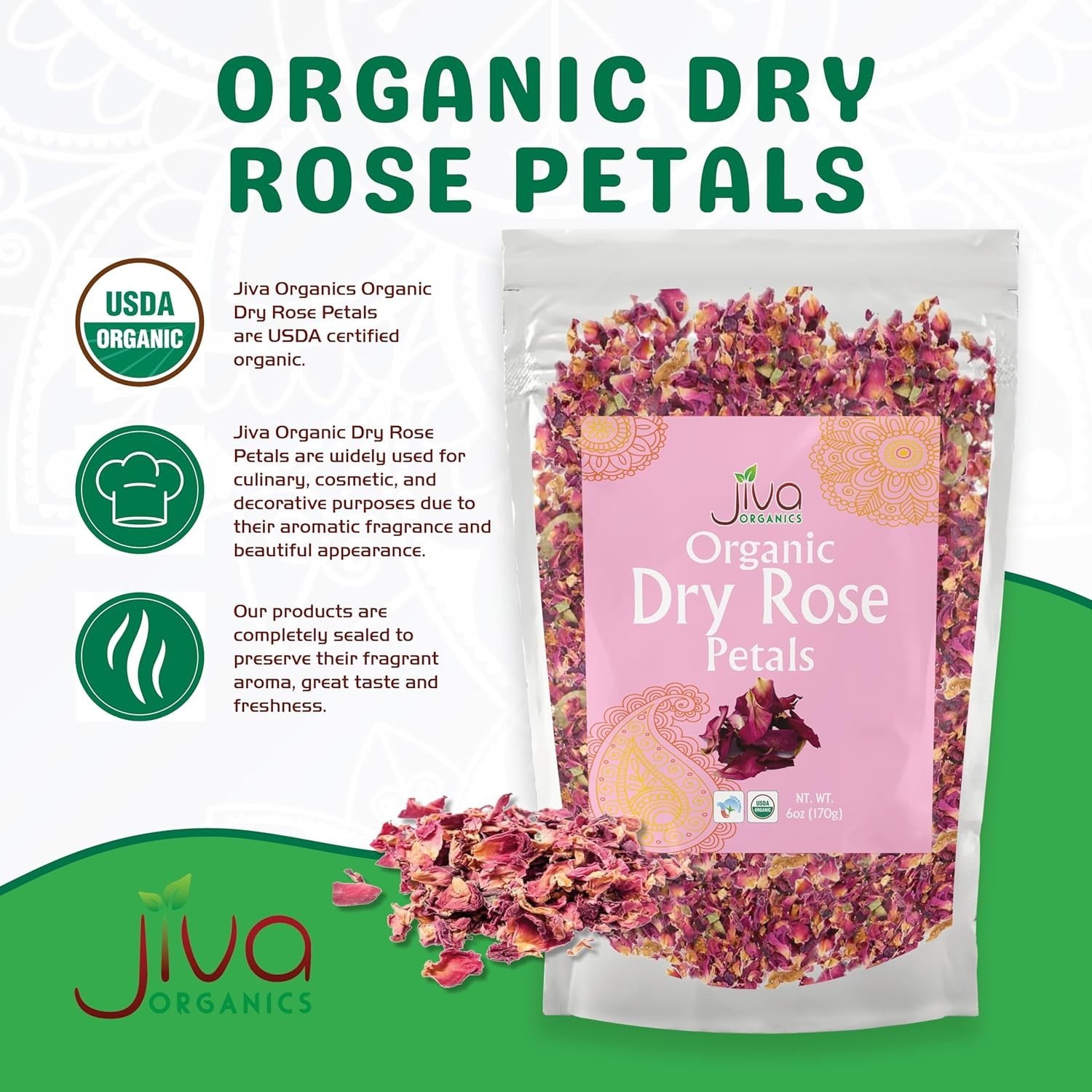 Jiva USDA Organic Dried Red Rose Petals 6 Oz 170g Large Bag – Food Grade, Edi…