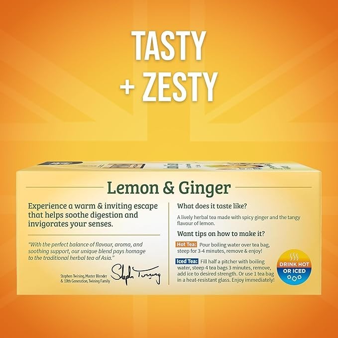 Twinings Lemon & Ginger Herbal Tea Individually Wrapped Caffeine Free 100 Bags