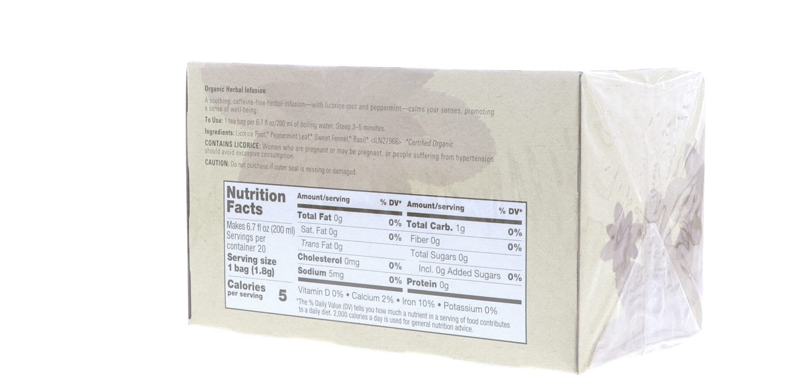 20 Count Organic Caffeine Free Herbal Tea Blend with Licorice and Peppermint