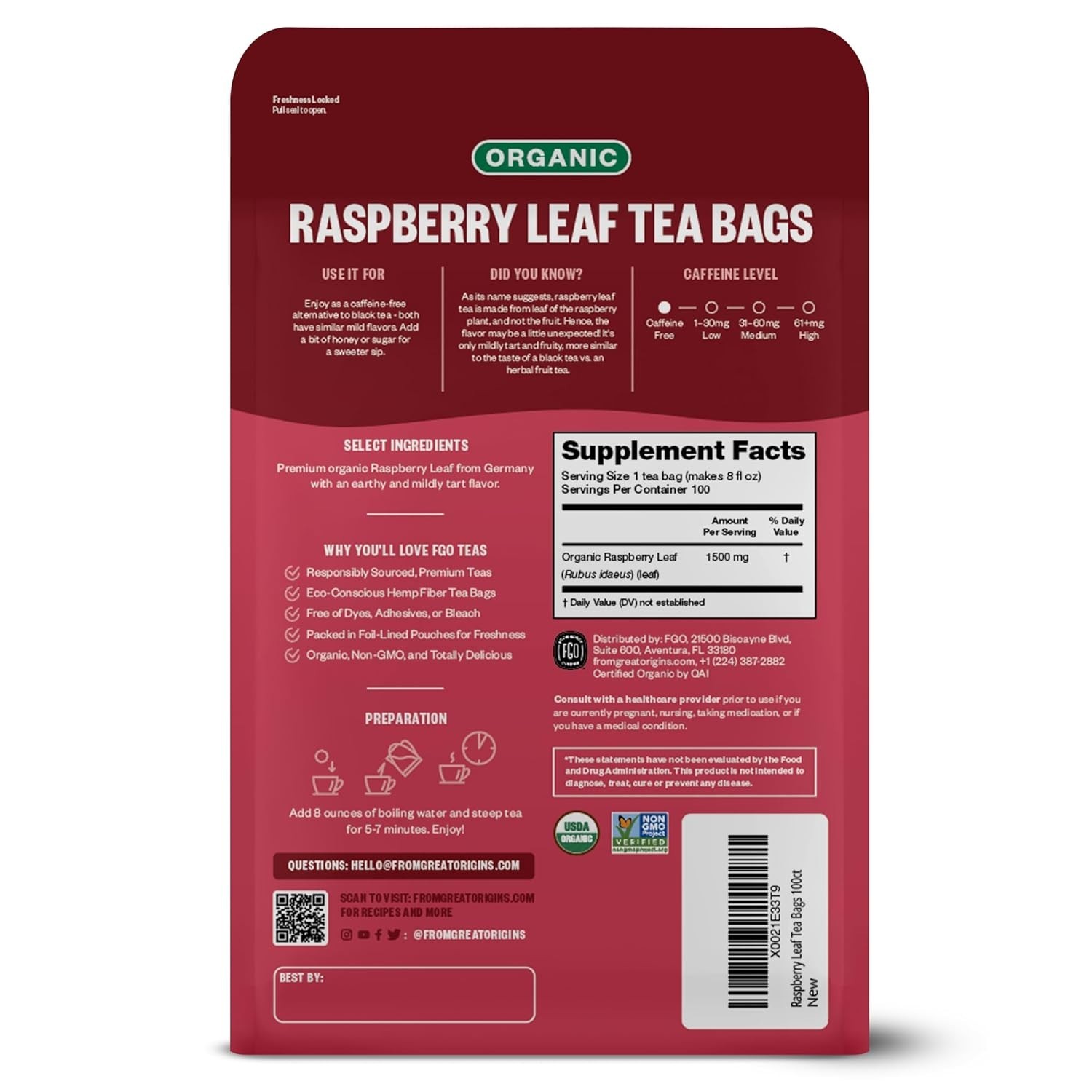 Organic Caffeine-Free Raspberry Leaf Tea – 100 Eco-Conscious Tea Bags