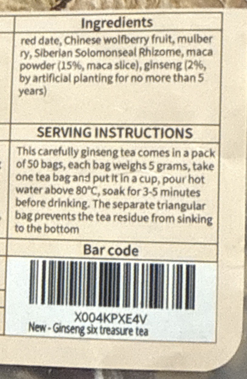 Ginseng six treasure tea Natural 50 Pack, 250 Gram Total Pack
