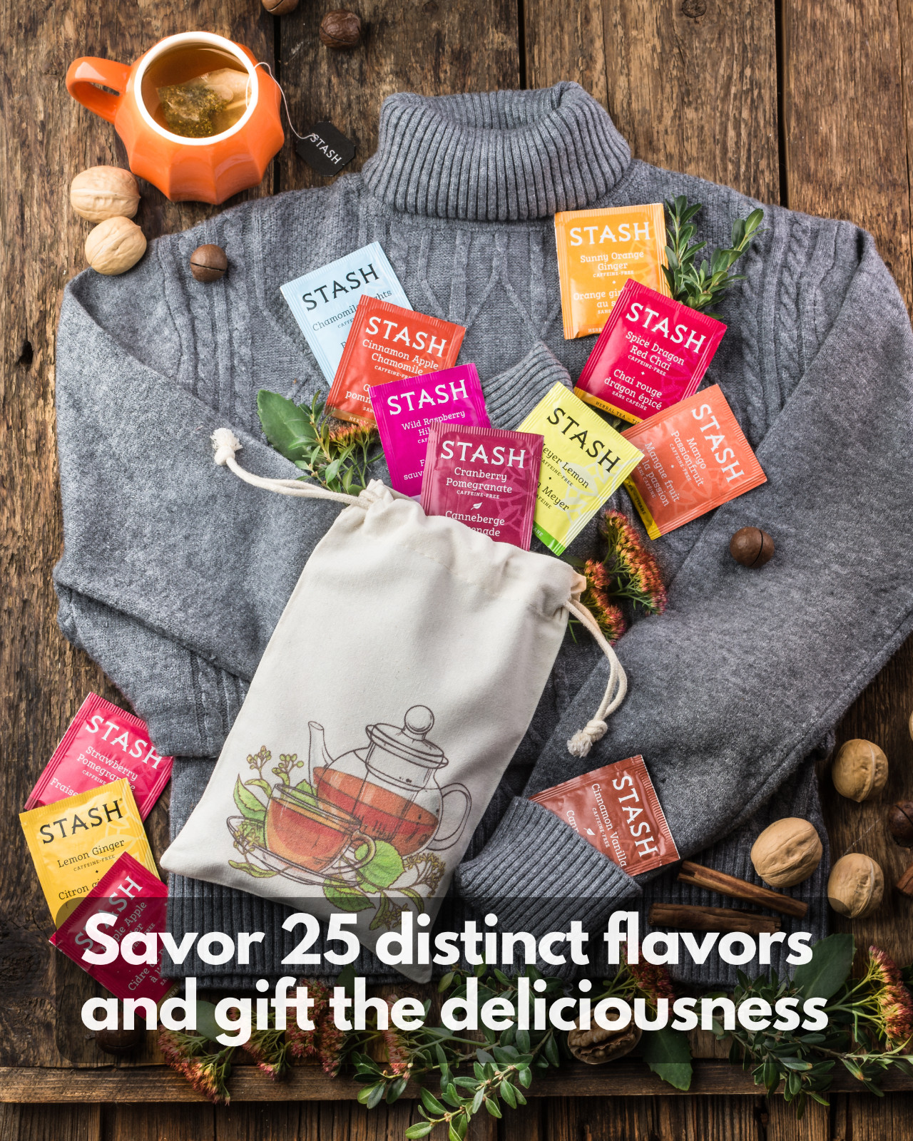 Stash Herbal & Decaf Tea Set 25 Flavors, 50 Tea Bags Sampler Caffeine Free Gift