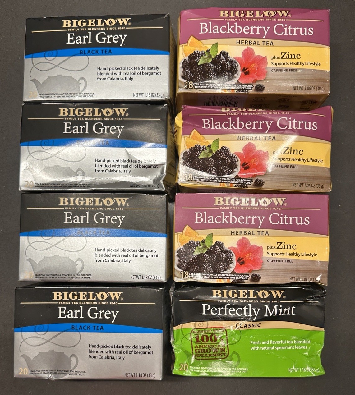 bigelow variety tea ear grey/blackberry citrus/perfectly mint 154ct bb 12/26
