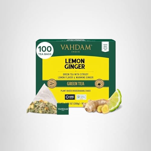 VAHDAM, Lemon Ginger Tea Bags (100 Green Bags) Low 100 Count (Pack of 1)
