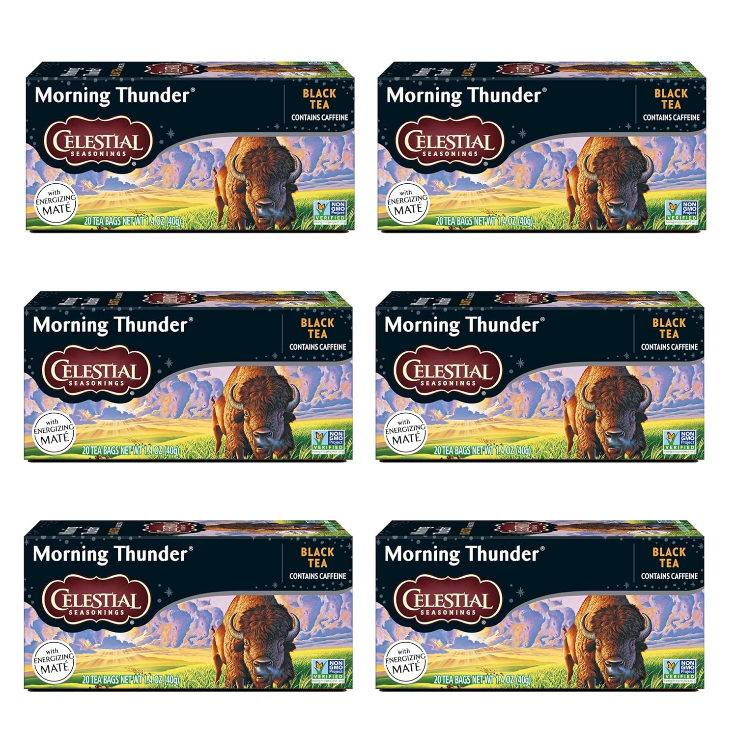 Morning Thunder Black Tea, Caffeinated, 20 Tea Bags Box (Pack of 6)