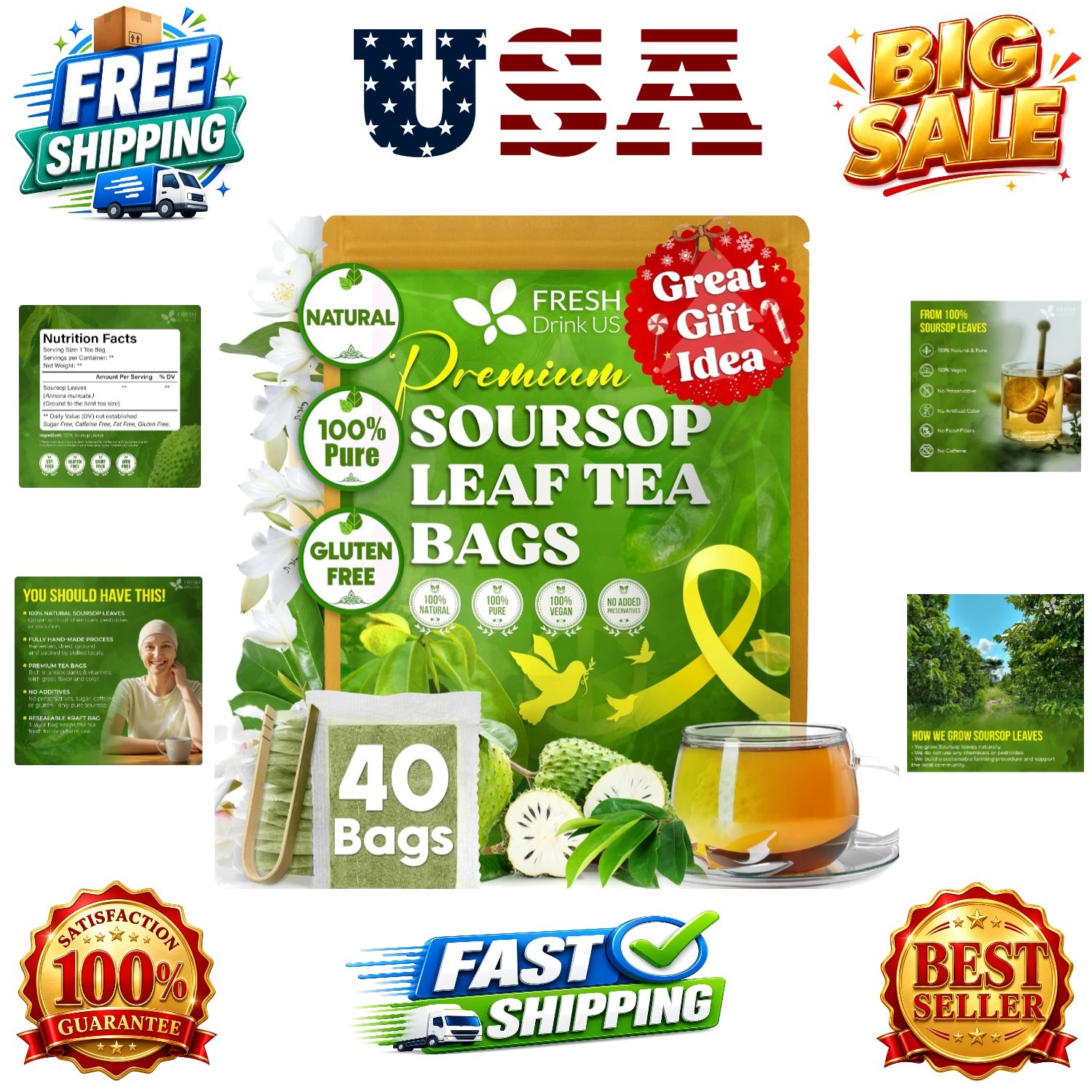 40 Soursop Graviola Leaf Tea Bags, 100% Natural and Pure from Soursop Leaves…