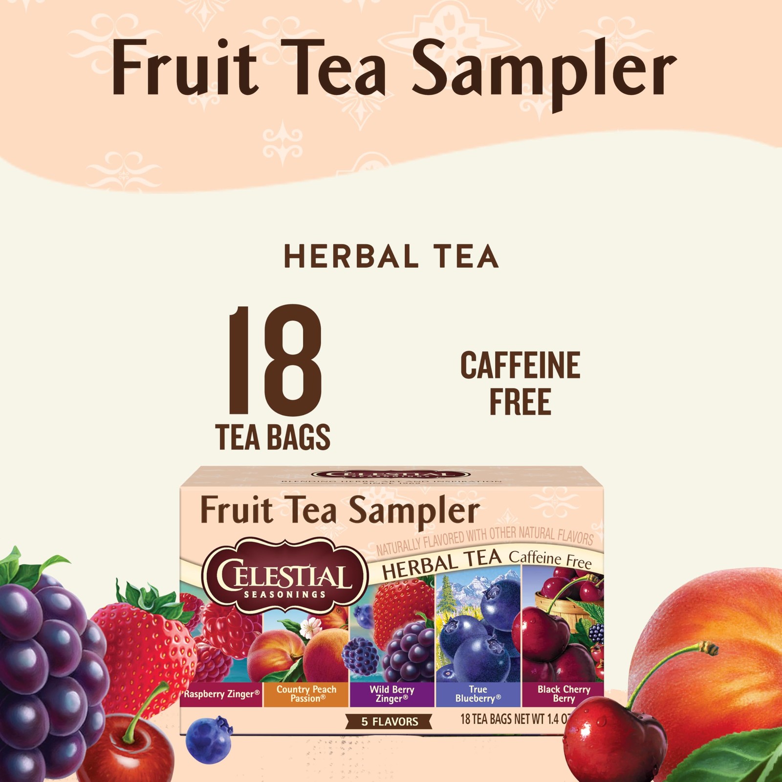 Celestial Seasonings Fruit Tea Sampler Herbal Tea Variety Pack, 18 Tea Bags