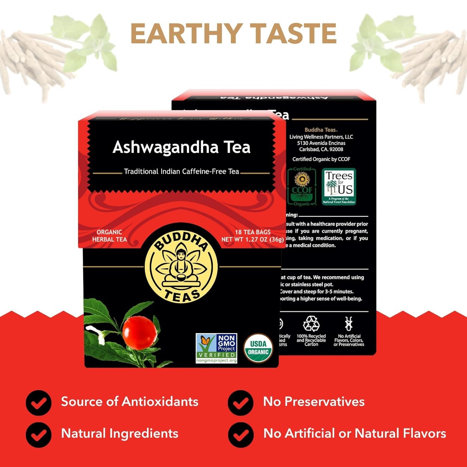Buddha Teas Organic Herbal Tea Ashwagandha 18 Packets Each (Pack of 4)