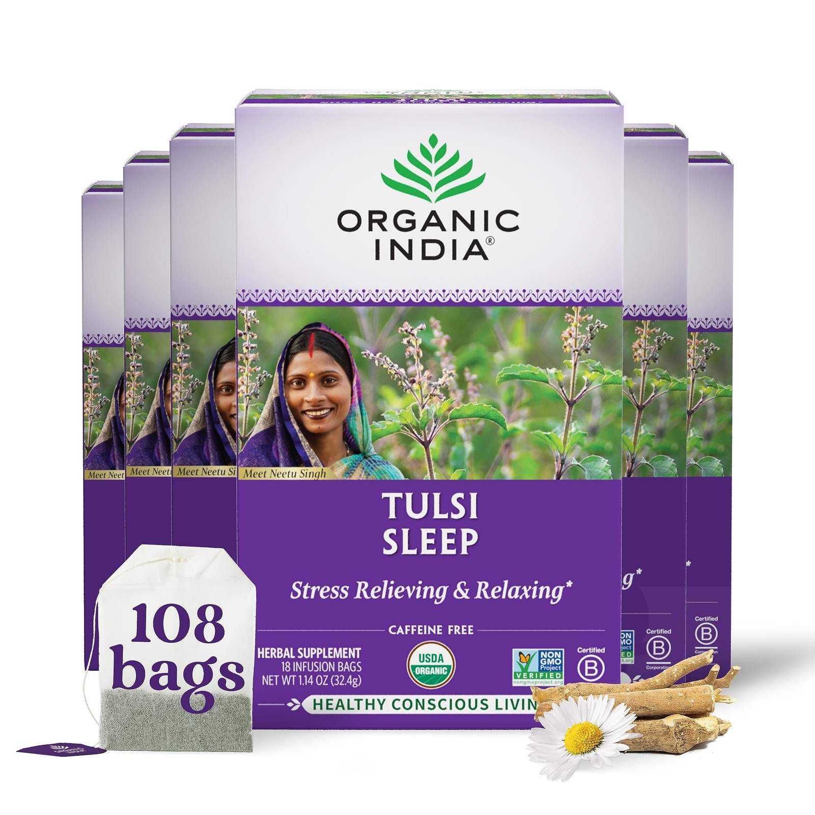 ORGANIC INDIA Tulsi Sleep Herbal Tea – Holy Basil, Ashwagandha, Chamomile, Ni…