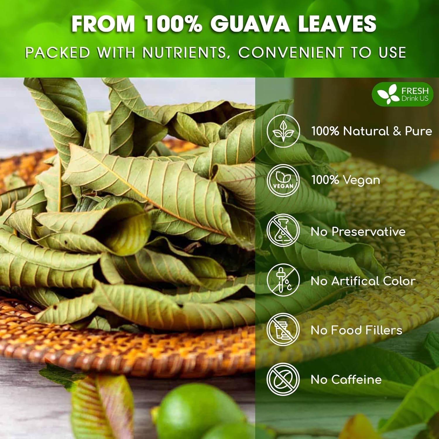 60 Tea Bags Dried Guava Leaf Tea Caffeine-Free, Sugar-Free, Gluten-Free