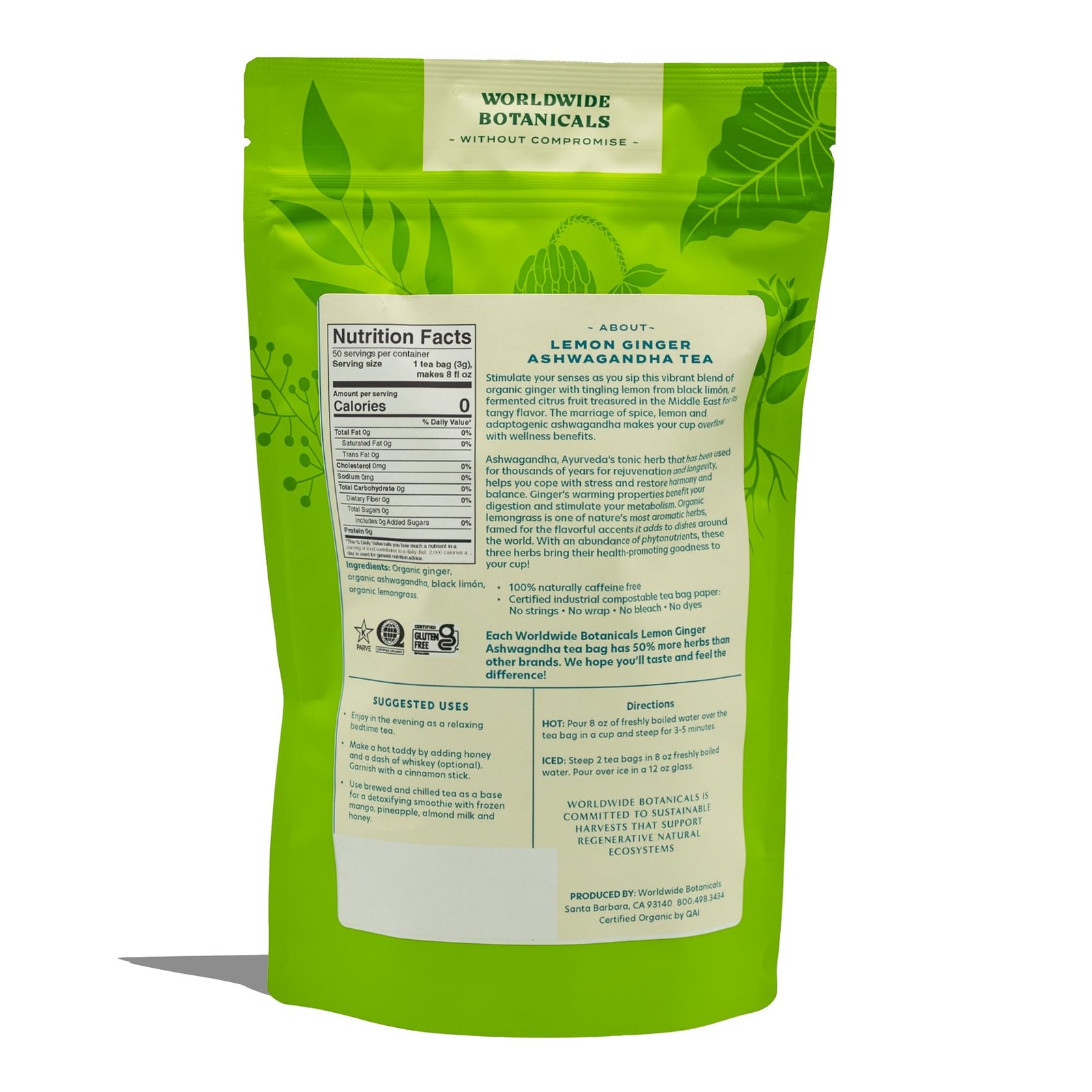 Lemon Ginger Ashwagandha Tea, 50 Tea Bags – 50% more herbs with 3g per teabag…