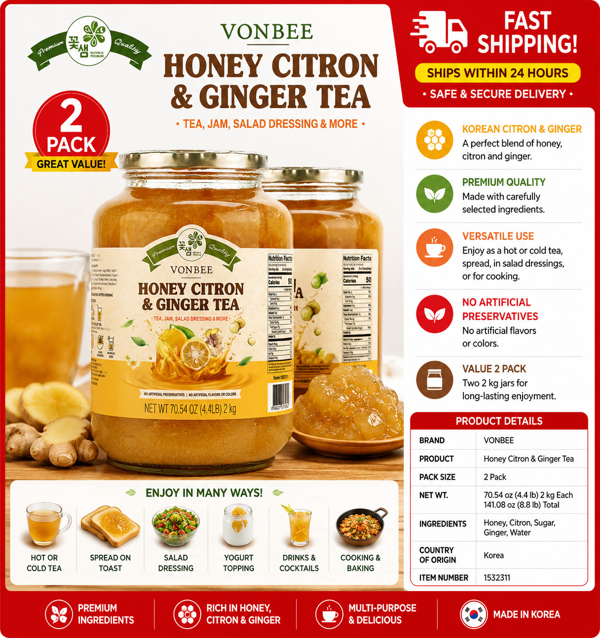 2 Pack Vonbee Honey Citron and Ginger, 4.4lb